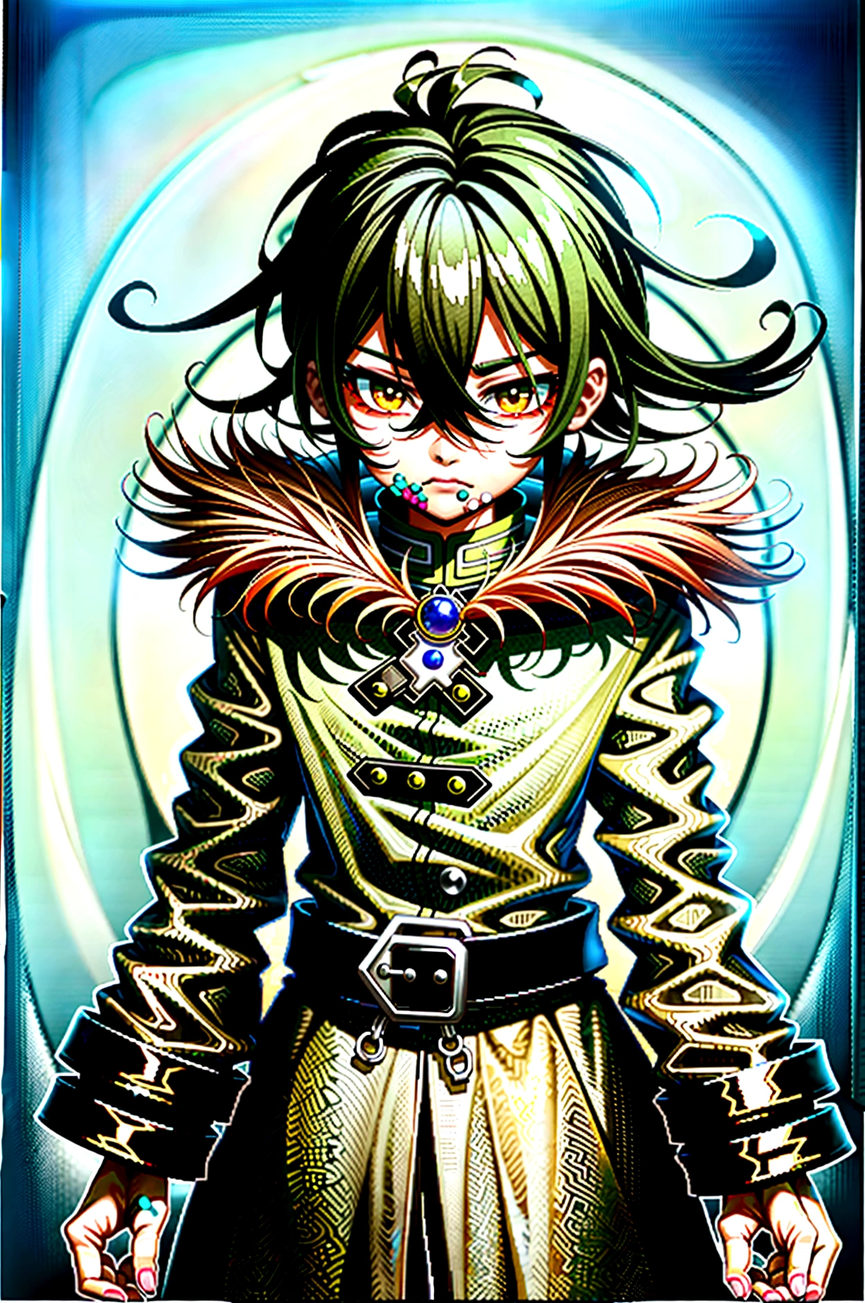 yuichiro hyakuya, (WithoutFear:1), 1 boy, black hair, green eyes, brown coat, gray armor, green shield, green cloak, dark brown gloves, town, fur trim, anime, standing, good quality, portrait, looking at viewer
