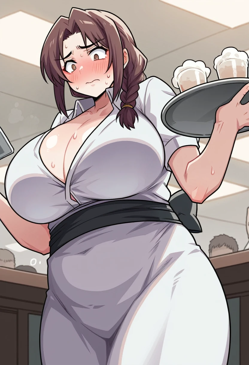 score_9, score_8_up, score_7_up, source_anime, BREAK, (((yew))), , 1girl, solo, chubby, waitress, waitress uniform, thicc, holding a tray, brown hair, cleavage, from below, blush, sweat, looking embarrassed, braid, huge breasts