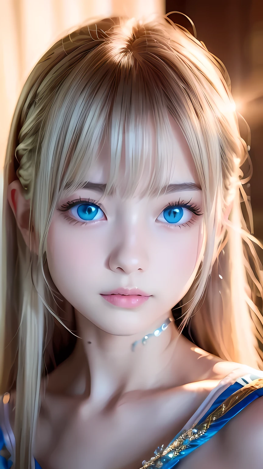 Dressed、(Photorealistic:1.4)、(ハイパーRealistic:1.4)、(Realistic:1.mooth lighting:1.05)、(Improved cinematic lighting quality:0.9)、32k、1 Girl、A beautiful woman、Very cute expression、A beautiful 15 yede girl、bangs that fall on the face、Bangs left over the eyeessy bangs between the eyes and nose、Realistic top lighting、Backlight、Face Light、Super long silky platinum hair、Blonde rays、(Bright light:1.2)、(quality improvement:1.4)、(Highest quality realistic textured skin:1.4)、Very beautiful, detailed, shiny, very bright, mint blue, large eyes、Very big eyes、Detailed face、A careful eye for quality、(Tired, sleepy and satisfied: 0.0)、Face close up、T-Shirts、(Enhances the body line:1.1)、(Enhances the beauty of skin texture:1.1)、Cheek gloss highlighter、Small Face Beauty、Round face