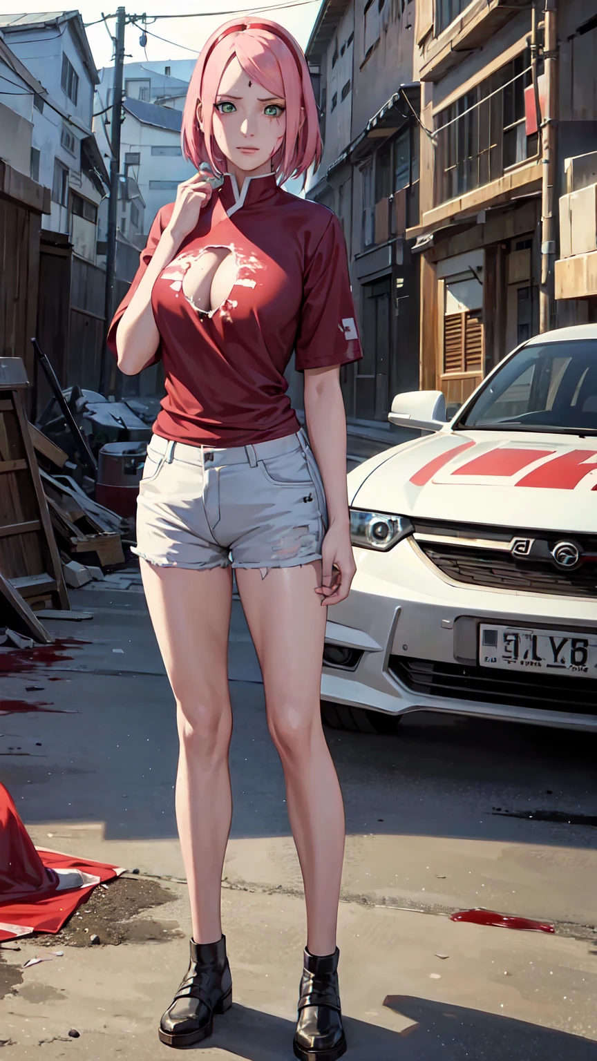 ​masterpiece, Breathtakingly Realistic, best quality, Sharpness,1 girl,Sign on the forehead,Zombie game,blood on the face,blood on clothes,Blood on the body,Full body,broken clothes,Damaged clothing,White damaged shirt,zerrissene Cargo-Shorts,Standing in a destroyed city,Battlefield,,sakura haruno,pinkies Hair,green eyes,red hair ribbon,medium large breasts,Zombie game,(blood on shirt:1)