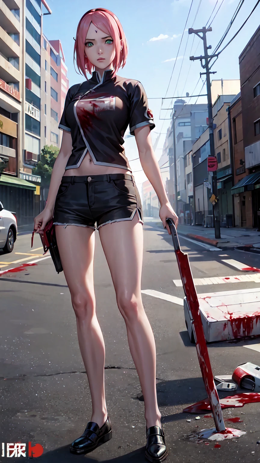 masterpiece, Breathtakingly Realistic, best quality, Sharpness,1 girl,Sign on the forehead,Zombie game,blood on the face,blood on clothes,Blood on the body,Full body,broken clothes,Damaged clothing,White damaged shirt,zerrissene Cargo-Shorts,Standing in a destroyed city,Battlefield,,sakura haruno,pinkies Hair,green eyes,red hair ribbon,medium large breasts,Zombie game,(blood on shirt:1)