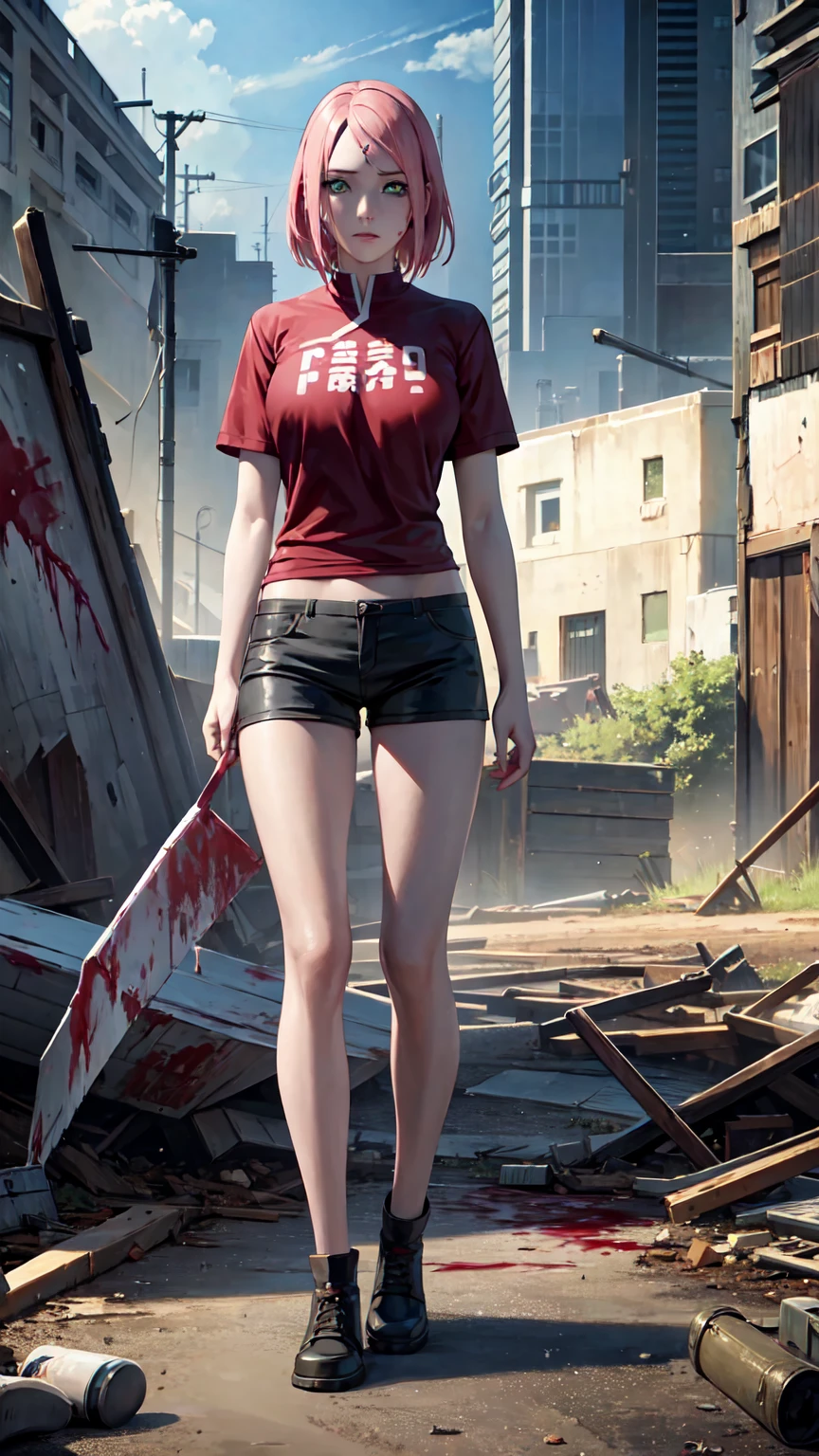 masterpiece, Breathtakingly Realistic, best quality, Sharpness,1 girl,Sign on the forehead,Zombie game,blood on the face,blood on clothes,Blood on the body,Full body,broken clothes,Damaged clothing,White damaged shirt,zerrissene Cargo-Shorts,Standing in a destroyed city,Battlefield,,sakura haruno,pinkies Hair,green eyes,red hair ribbon,medium large breasts,Zombie game,(blood on shirt:1)