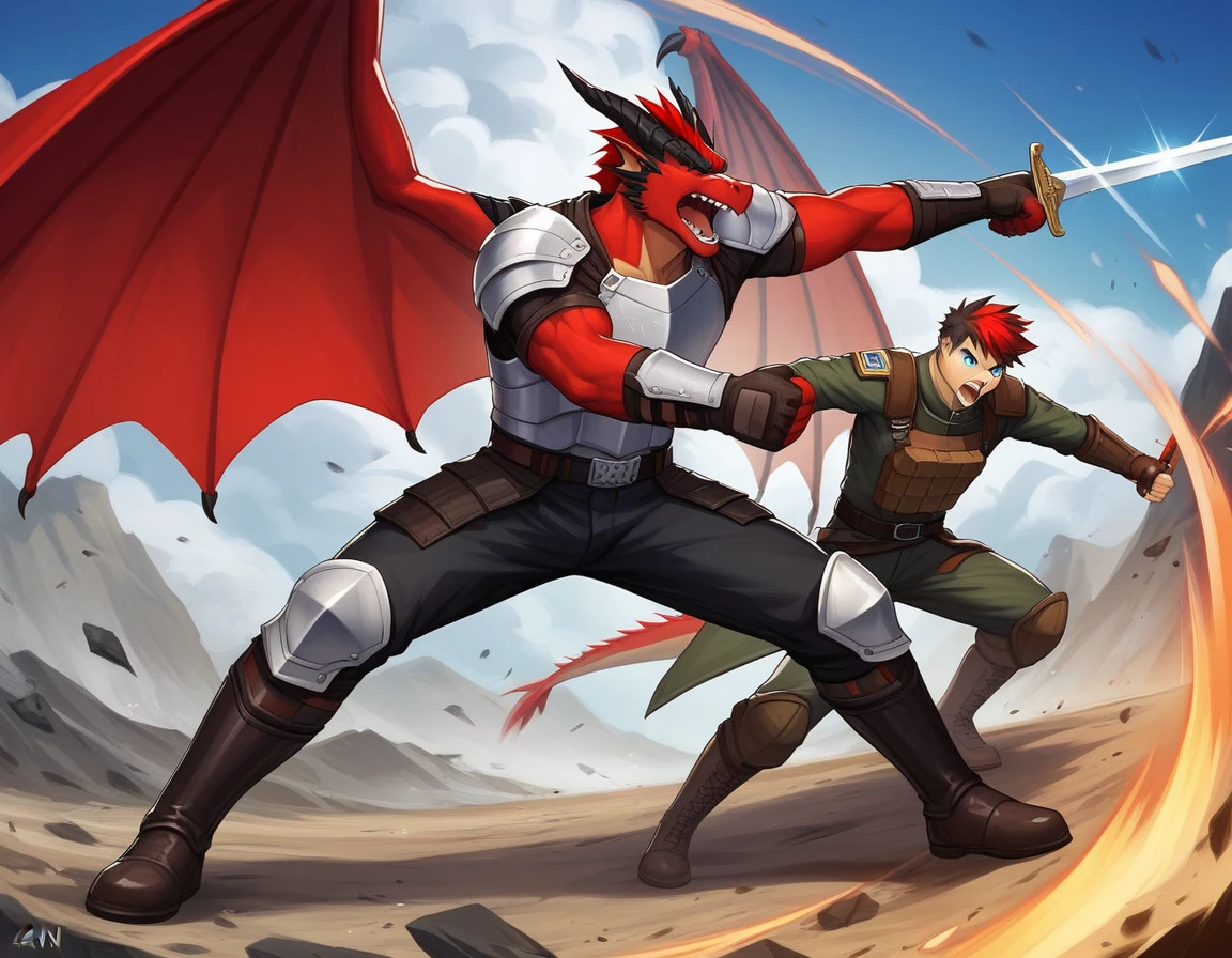 Duo, Score_9, score_8_up, score_7_up, source_cartoon, Anthro male, A black dragon, black dragon with red highlights on scales, black and red wings, blue eyes, short red hair, fighting Stannce, wearing knights armor, fighting, holding a sword, on a battlefield, soldiers in the background, he is screaming, swinging a sword