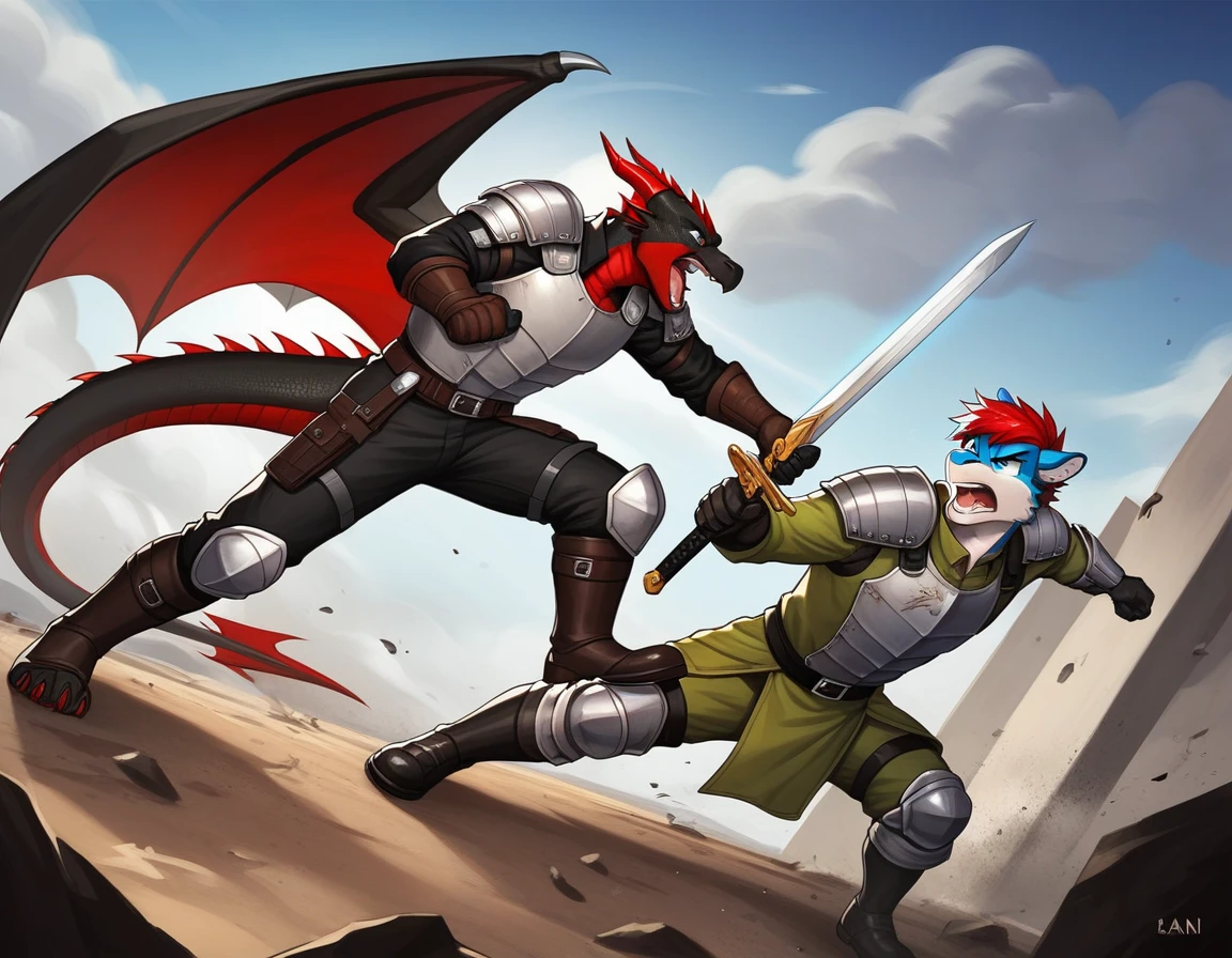 Duo, Score_9, score_8_up, score_7_up, source_cartoon, Anthro male, A black dragon, black dragon with red highlights on scales, black and red wings, blue eyes, short red hair, fighting Stannce, wearing knights armor, fighting, holding a sword, on a battlefield, soldiers in the background, he is screaming, swinging a sword