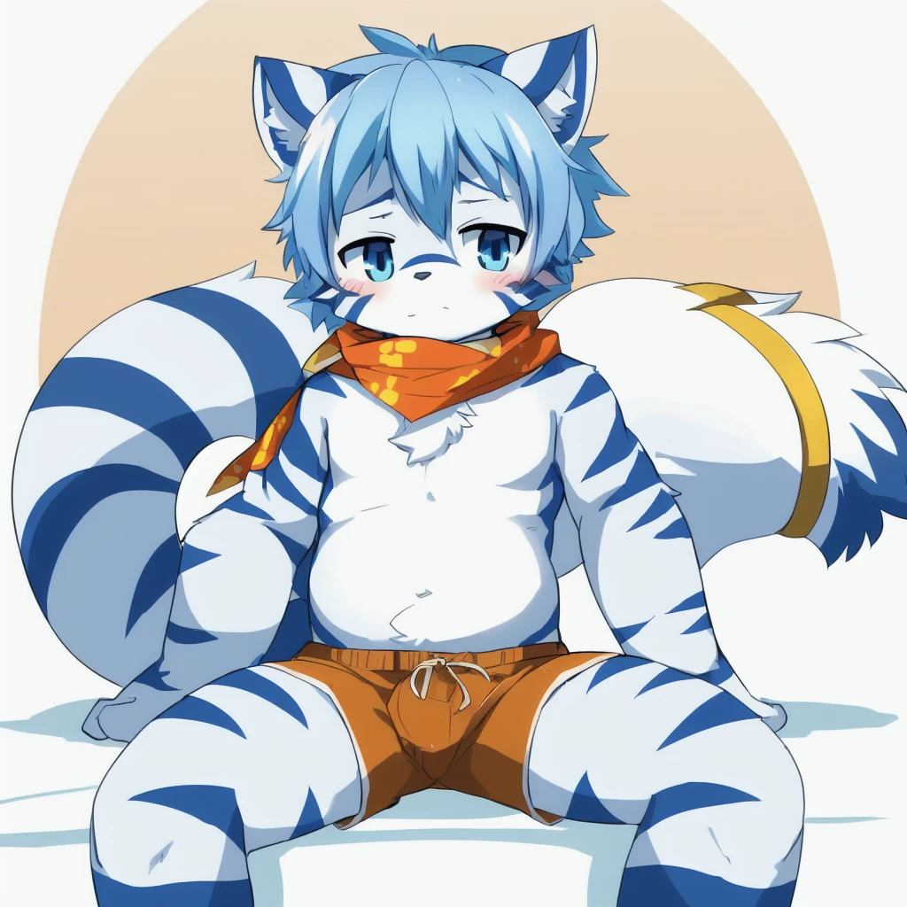 ((small)), ((small body)), ((small)), ((small body)), (()), ((young boy)), ((Furry)), ((kemono)), ((raccoon)), ((male)), ((has a fur in shades of blue and white)). ((The body is covered primarily in a light blue)), ((big tail rings are a darker blue)). ((A deep, bright blue eyes)), ((Patterns: The chest and belly are pure white, with dark blue stripes that resemble the pattern of a zebra, but more subtle)). ((Ears: White with light blue tips)). ((Tail: The tail has alternating rings of light blue and dark blue)). ((Accessories: wears an orange bandana around his neck)), ((one subject)), ((1 character)), ((anime style)), ((simple white background)), ((dark orange shorts with white stripes)), ((sitting)), ((legs apart)), ((ashamed)), ((Femboy))