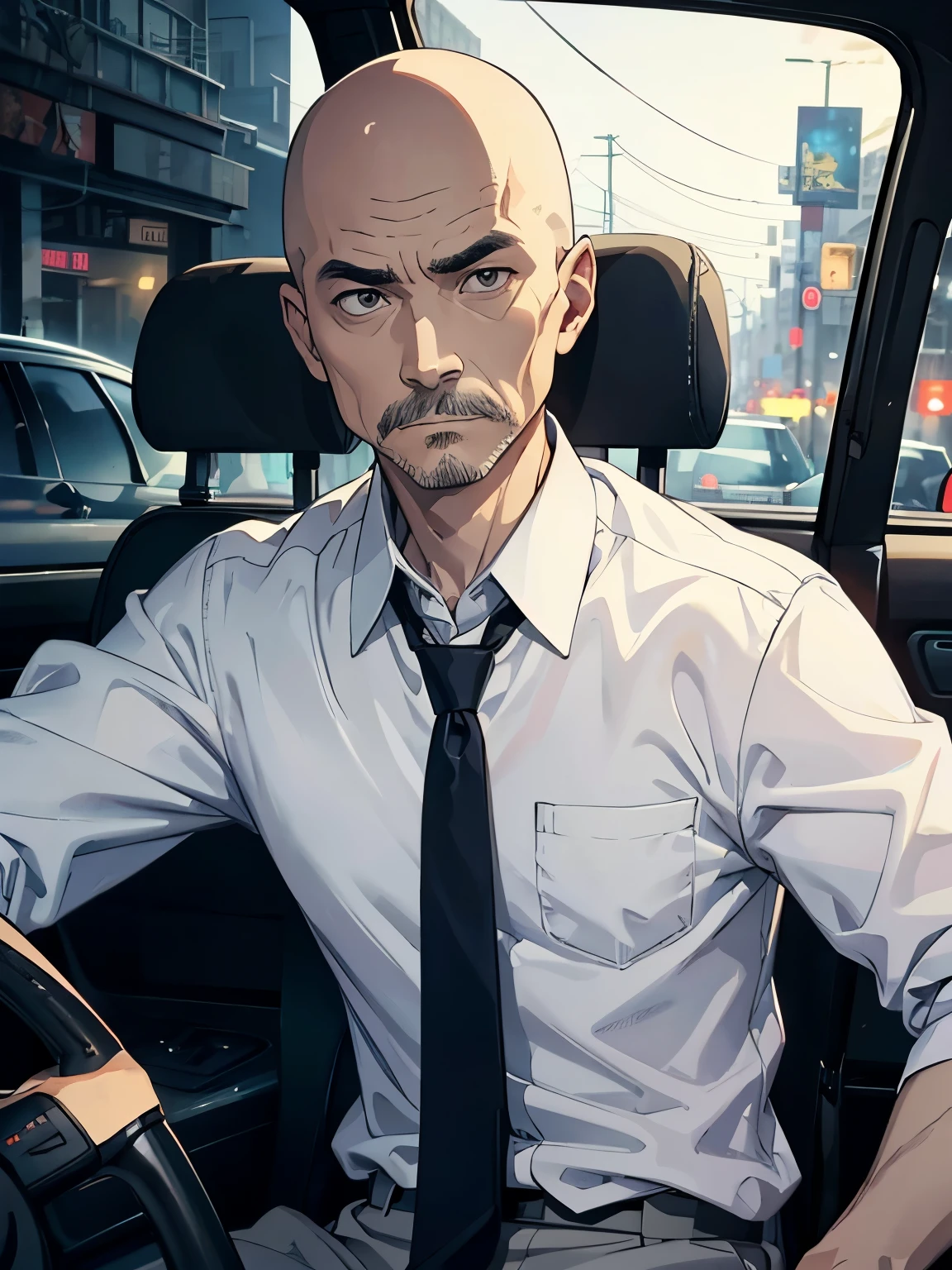 53-year-old taxi driver、Are thin、Bald、White shirt、tie、Grey slacks、Detailed facial expressions、driving seat、Dark and mysterious atmosphere at night