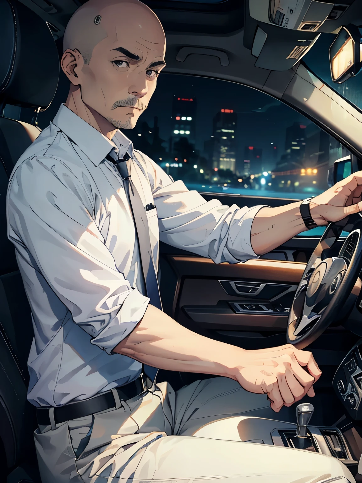 53-year-old taxi driver、Are thin、Bald、White shirt、tie、Grey slacks、Detailed facial expressions、driving seat、Dark and mysterious atmosphere at night