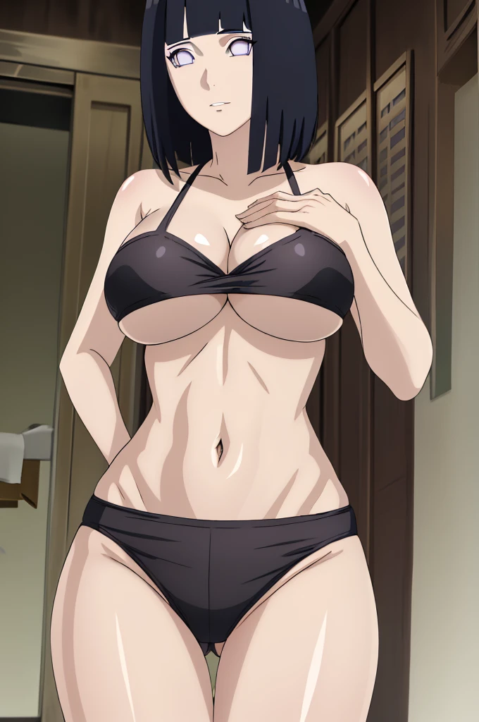 masterpiece, (intricate details), (colorful),cinematic lighting,extremely detailed CG unity 8k wallpaper ,hinata\(boruto\), 1girl,solo, large breasts, (hinata, hyuuga hinata, purple eyes, blunt bangs, black hair) big breasts, perfect breasts, large breasts, round breasts, sexy body, slim waist, nice hips, skinny, nice thighs, black bra, cleavage, bare shoulders, collarbone, underboob, slim waist, red bikini, bikini, swimsuit, plain background, cowboy shot, body shot, front shot, full body, white backdrop, perfect eyes, glowing eyes, beautiful eyes, black background, simple background, no background , body shot, 