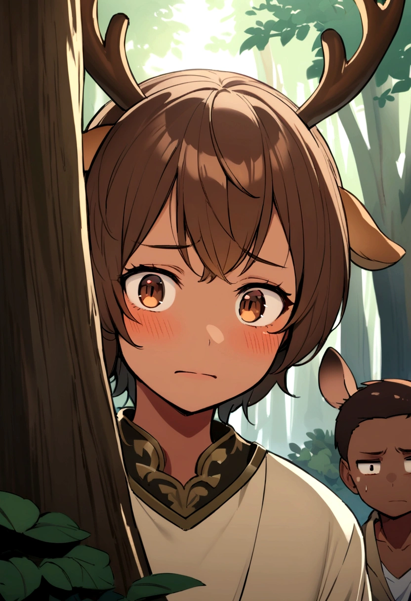 Dark-skinned man, brown eyes, long brown hair with deer ears and antlers hiding behind a tree in a forest, watching someone with a shy expression on his face