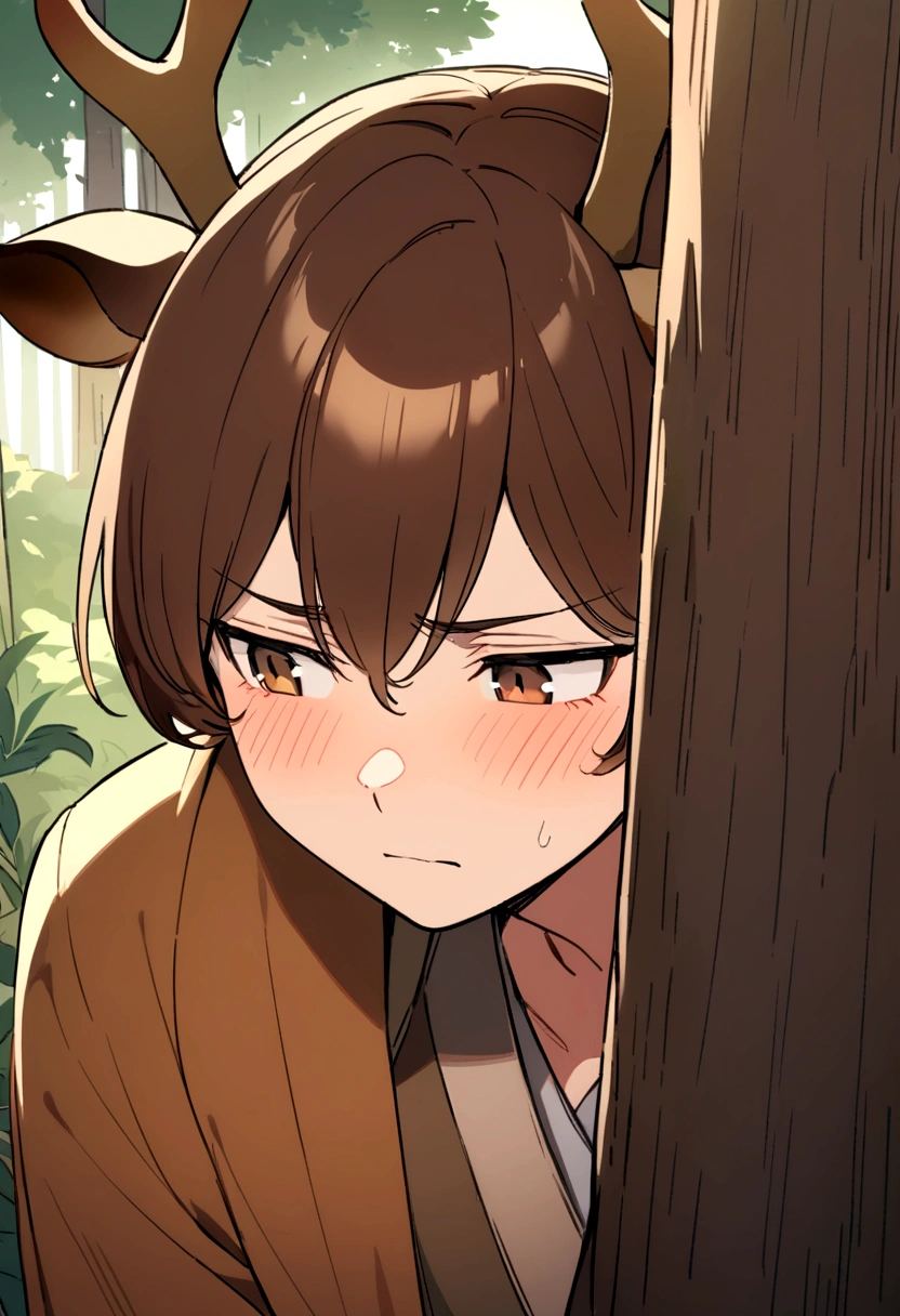 Dark-skinned man, brown eyes, long brown hair with deer ears and antlers hiding behind a tree in a forest, watching someone with a shy expression on his face