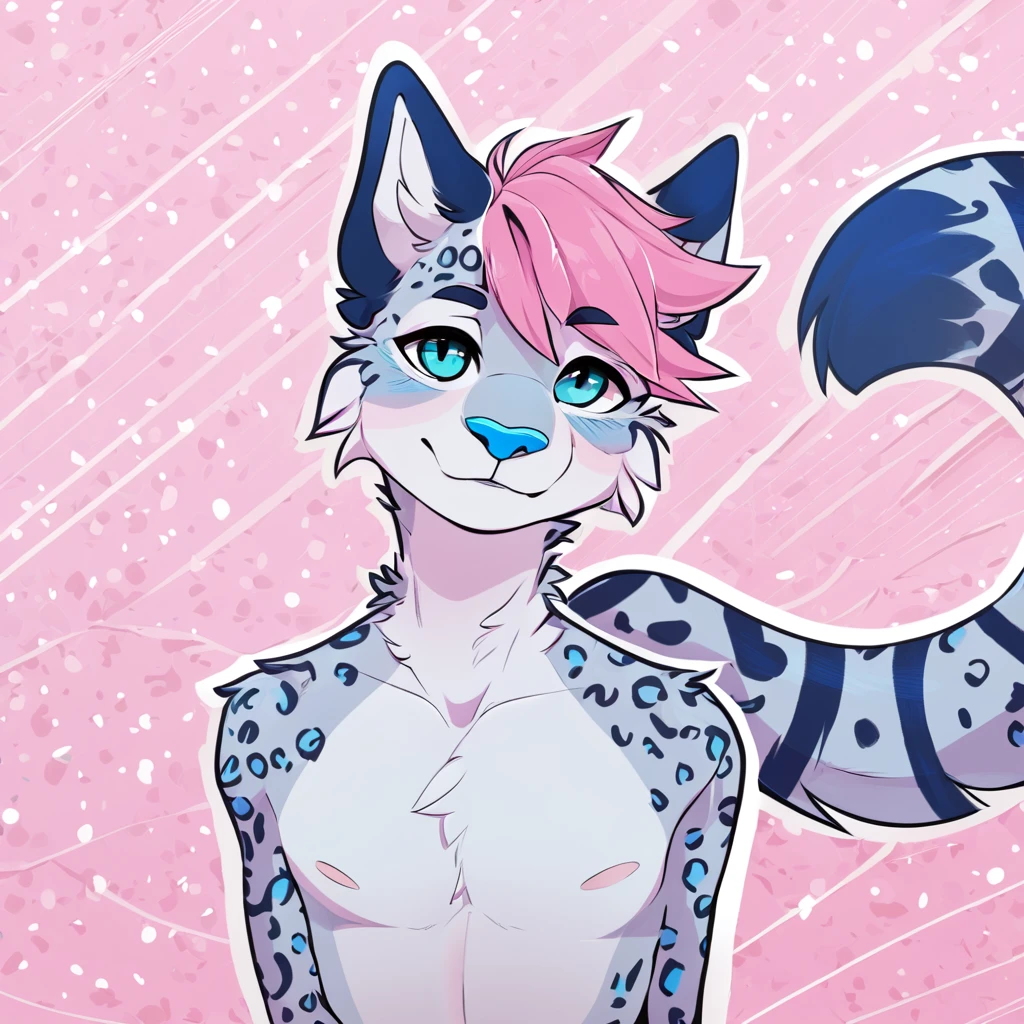 adult, feline, mammal, anthro, anthropomorphic, snow_leopard, striped, fur, striped_feline, fur, furred_anthro, femboy, male, light_pink, fluffy, long_tail, blue_nose, expressive eyes, feline_ears, pink_hair, blue_fur, light_blue_chest, shy, small_pupils, spotted_pattern, stripes, digital_art, high_resolution, high_res, hand-drawn, pencil_lines, head_visible, background, neck_visible, seductive_face, pink_galaxy_background, white_outline, detailed_line_work