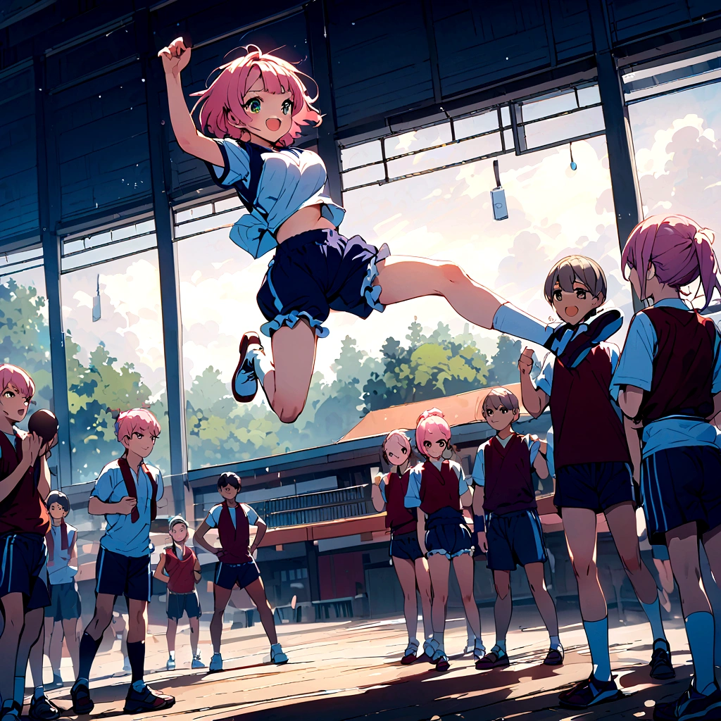 Japanese school、gym、Physical education class、Vertical Jump、Pink haired 、Bloomers