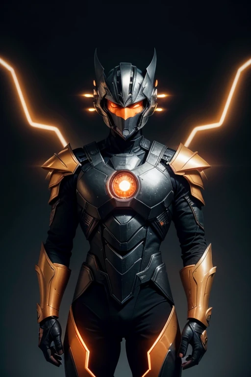 male super villain, The body is covered in black armor, composed of metal plates that cover the entire body, giving a robust and resistant appearance. The helmet is stylized, with an aggressive and angular appearance, with the top having two pointed ears. The eyes glow brightly with an orange light. The armor is predominantly black, with bright orange accents that indicate energy. There are bright orange light bands on the shoulder pads, arms and around the neck, that appear to be made of an energetic substance or a type of plasma. Armor plates have a complex design, with multiple joints and details that give an advanced technological appearance. skills related to nuclear energy or fire.