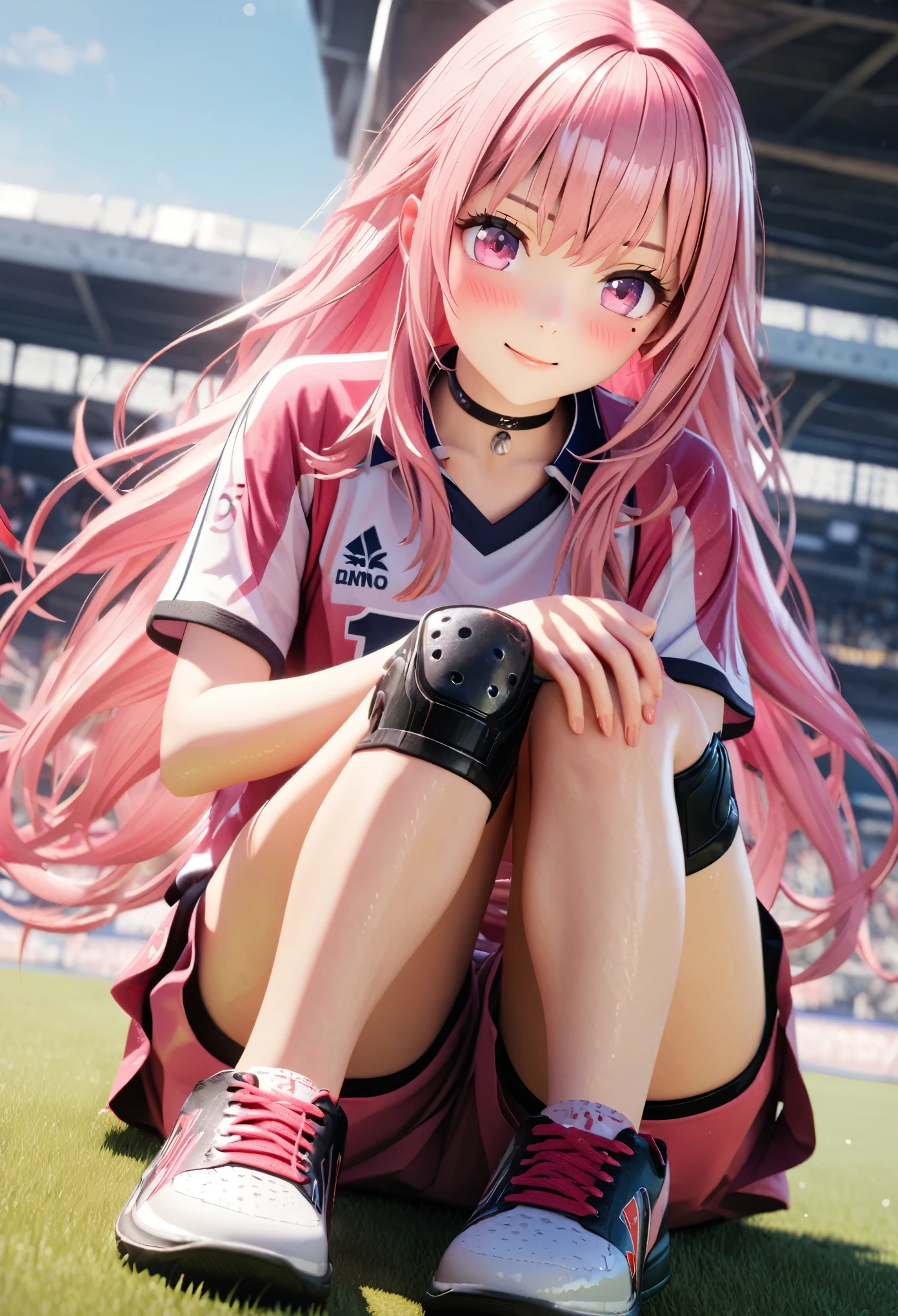 masterpiece, best quality, highly detailed, high resolution, expensive solution, high resolution, 4k, 8k, Unity 8k wallpaper, highly detailed CG, masterpiece, 2d, 3d, beautiful details, depth, fine texture, best quality: 1.3, total concentration, transparent skin, him, very cute anime girl, expensive pink long hair, one girl, volleyball uniform, knee pads on knees, volleyball shoes, on the grass in the schoolyard, smiling long pink hair, full body, on the grass in the schoolyard, mole under eye, gaze, expensive, blush, lips parted, heart, pink eyes, choker