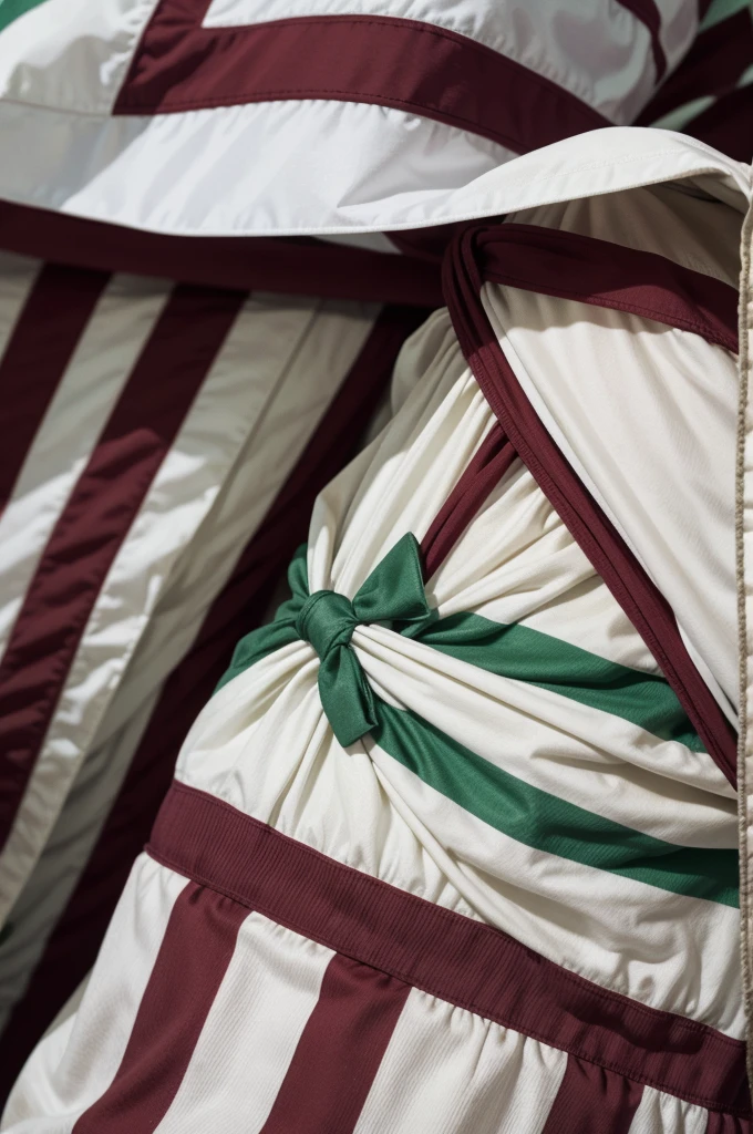 a rectangular flag, with horizontal stripes, in wine colors, White and green, with a three-pointed shield in the center of the flag
