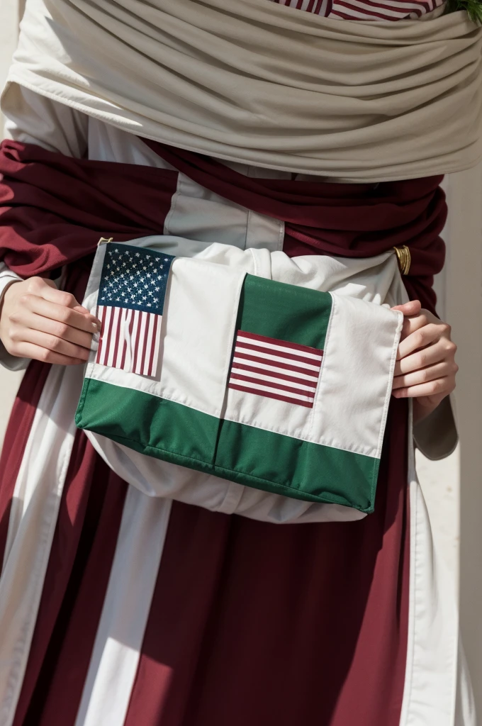 a rectangular flag, with horizontal stripes, in wine colors, White and green, with a three-pointed shield in the center of the flag