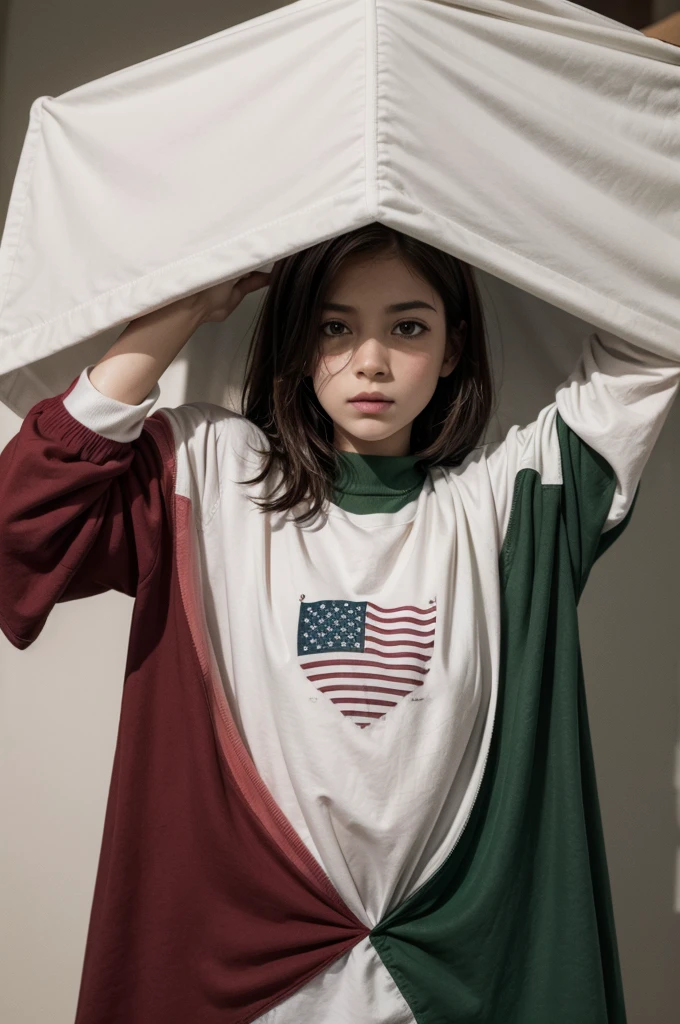 a rectangular flag, with horizontal stripes, in wine colors, White and green, with a three-pointed shield in the center of the flag