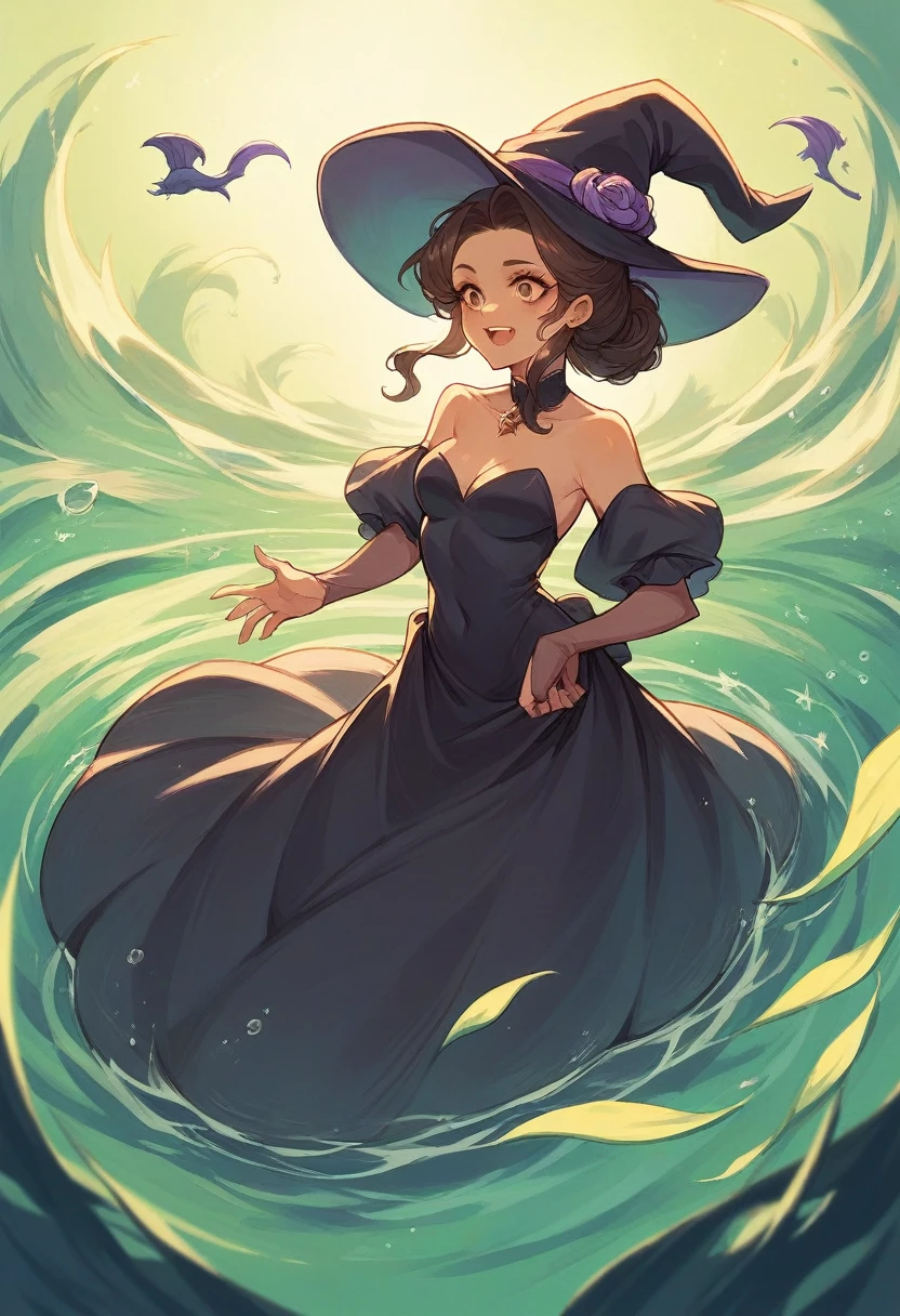 Generate an image that represents that scene more realistically, as if it were a real person. The girl will be at the bottom of the water, surrounded by mermaids who observe her with bewitching gazes. She will be wearing a long black dress with purple details., and the princess will have a light tan complexion and dark brown hair.