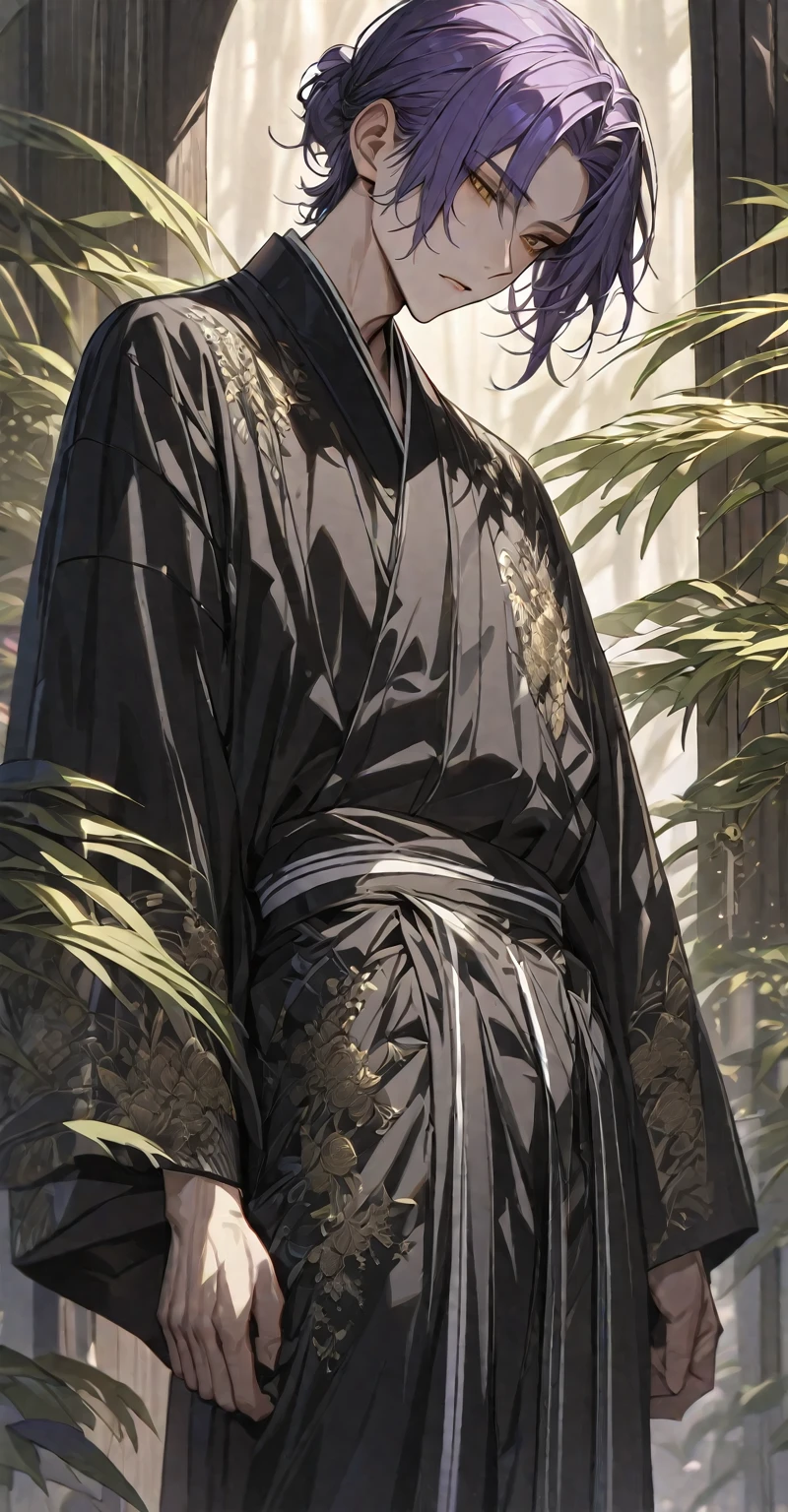 Masterpiece, very detailed, ultra detailed, one, (1 man), 23 old years 

A man - he is tall and slender

He's in a simple black kimono with white stripes.

He’s Long wild dark-purple hair and short bangs, and golden eyes that shine.