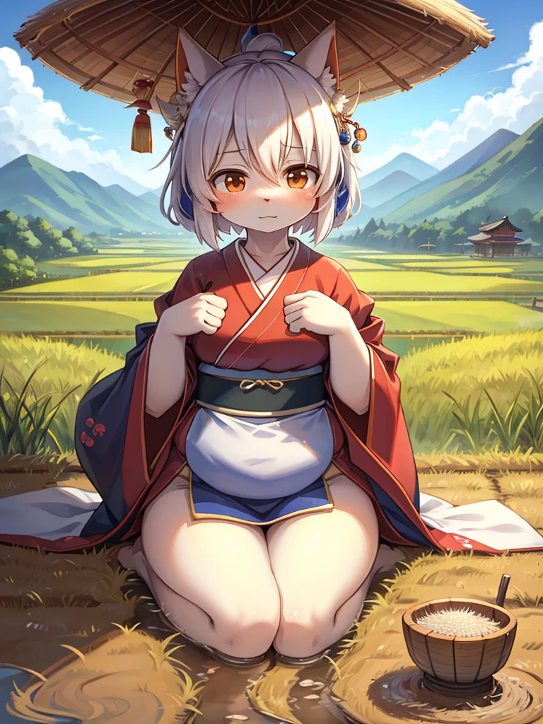 Fertility Goddess , Disheveled Japanese simple  clothes , Original Japanese Landscape , Rice Field , Planting rice , Kuchikami sake