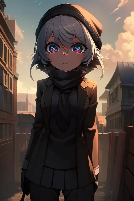 Hitagi Senjogahara, Senjougahara Hitagi, Short hair, bangs, White eyes, gray hair, (medium breasts⁩:1.2), 
BREAK skirt, Shirt, gloves, Long sleeves, hat, School uniform, Jacket, , pleated trousers, Open your clothes, neck tie, black pants, scarf, open Jacket, coat, , Fur trim, black neck tie, blue headwear, pink Shirt, beanie, Winter clothes, blue scarf, naoetsu high ,
BREAK outdoors, city, yuki,
BREAK looking at viewer, (Cowboy Shot:1.5),
BREAK (masutepiece:1.2), Best Quality, High resolution, Unity 8k Wallpaper, (Illustration:0.8), (Beautiful detailed eyes:1.6), extra detailed face, Perfect Lighting, extremely details CG, (Perfect hands, Perfect ???????),