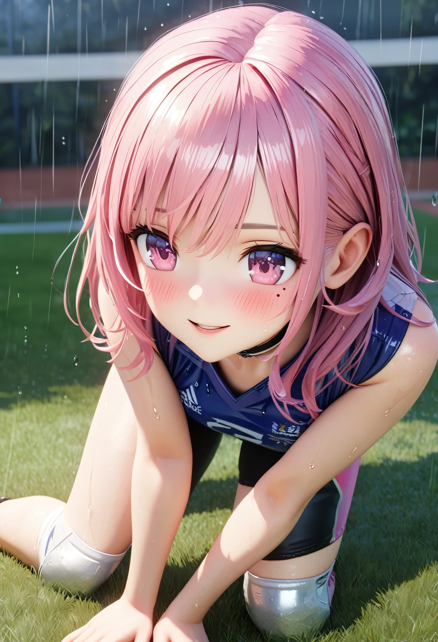 masterpiece, best quality, highly detailed, high resolution, expensive solution, high resolution, 4k, 8k, Unity 8k wallpaper, highly detailed CG, masterpiece, 2d, 3d, beautiful details, depth, fine texture, best quality: 1.3, total concentration, transparent skin, him, very cute anime girl, expensive pink long hair, one girl, volleyball uniform, knee pads on knees, volleyball shoes, on the grass in the schoolyard, it was raining heavily and she was soaking wet. The volleyball uniform was see-through, her hair was soaking wet, smiling long pink hair, full body, on the grass in the schoolyard, heavy rain, mole under eye, gaze, expensive, blush, lips parted, heart, pink eyes, choker