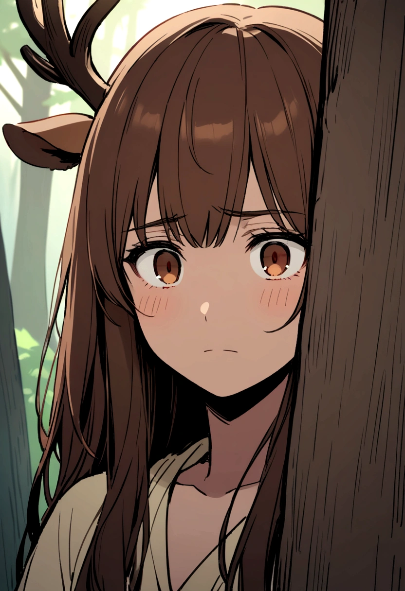 Dark-skinned man, brown eyes, long brown hair with deer ears and antlers hiding behind a tree in a forest, watching someone with a shy expression on his face