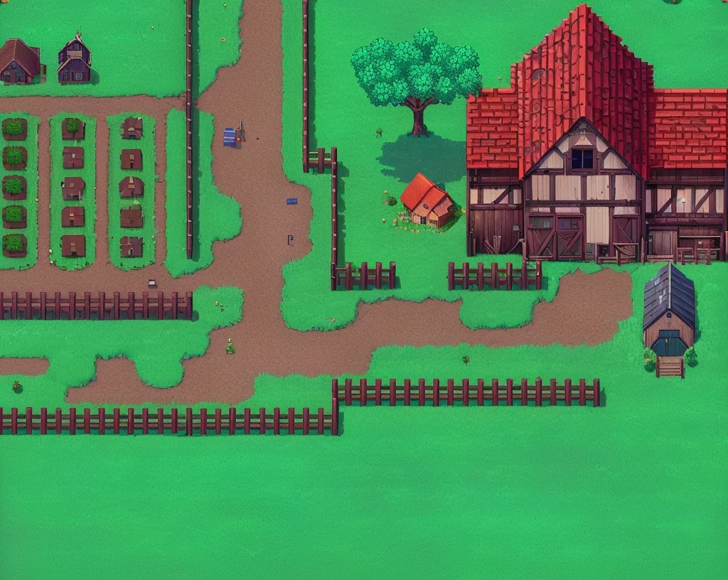 a close-up of a small village with a farm and a fence, made in RPG Maker, supervised, supervised et store, rpg game style, 2d texture, 2d texture, RPG Maker, hyper detailed scene, next to a farm house and a barn, RPG Landscape, perfectly tiled, 2D Game Feature, lo-fi retro videogame