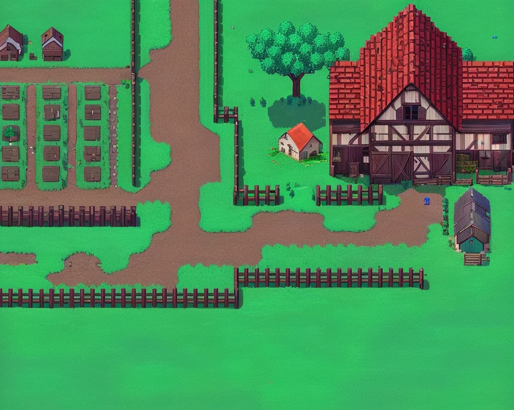 a close-up of a small village with a farm and a fence, made in RPG Maker, supervised, supervised asset store, rpg game style, 2d texture, 2d texture, RPG Maker, hyper detailed scene, next to a farm house and a barn, RPG Landscape, perfectly tiled, 2D Game Feature, lo-fi retro videogame