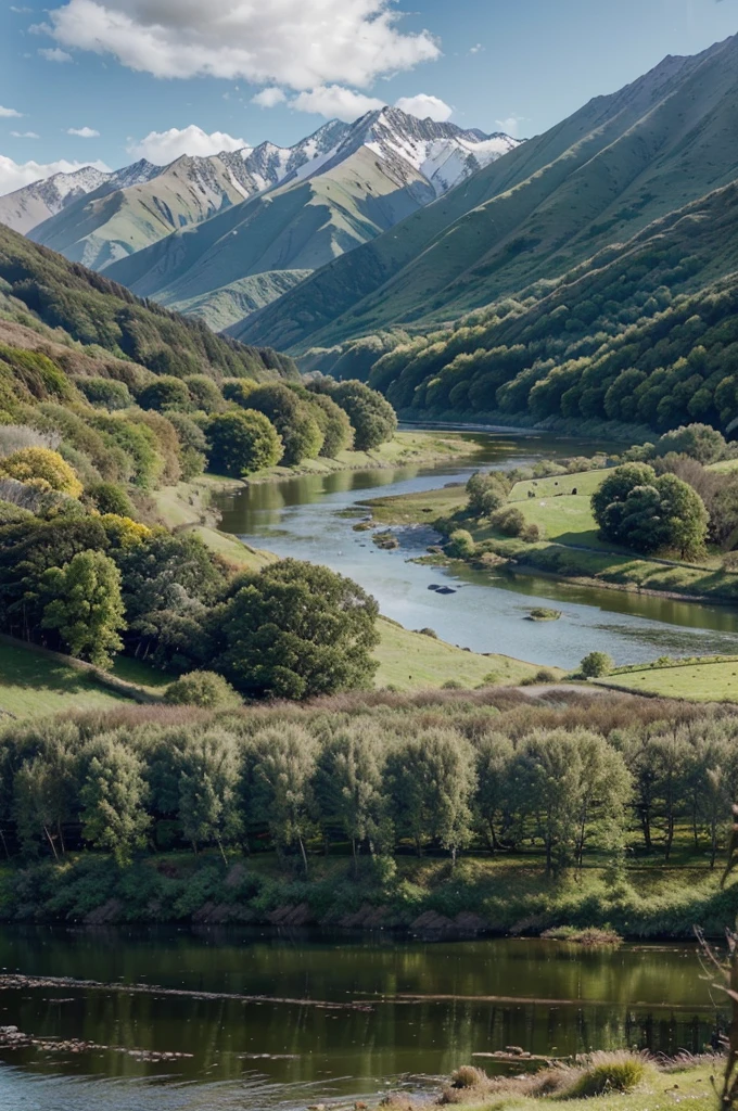 (a serene landscape of the ohau river in canterbury, south island, new zealand, beautiful detailed river, lush green forest, rolling hills, dramatic mountains in the background, sunlight filtering through the trees, tranquil reflections on the river, picturesque scenic vista, realistic landscape, photorealistic, 8k, high quality, masterpiece)