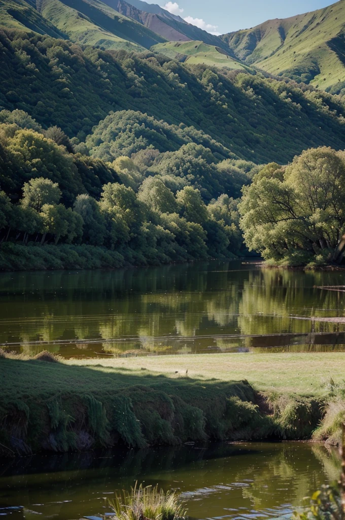 (a serene landscape of the ohau river in canterbury, south island, new zealand, beautiful detailed river, lush green forest, rolling hills, dramatic mountains in the background, sunlight filtering through the trees, tranquil reflections on the river, picturesque scenic vista, realistic landscape, photorealistic, 8k, high quality, masterpiece)