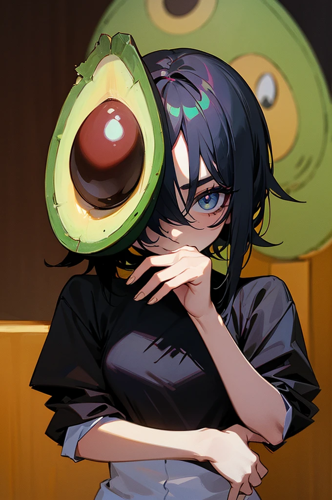 an avocado, with a face, dressed in an emo way.