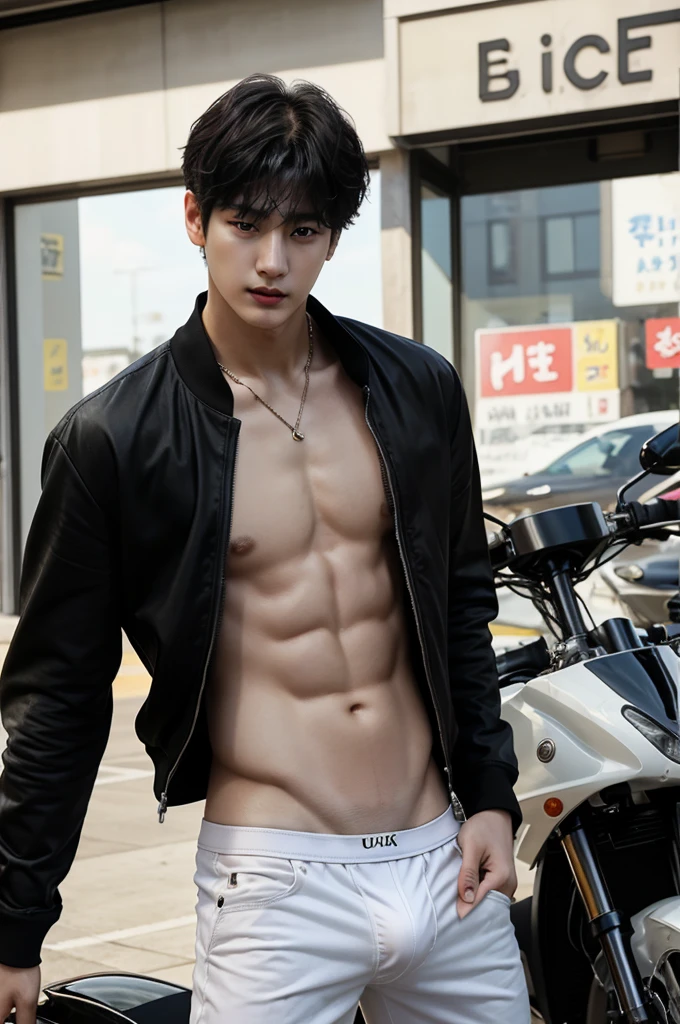 a close up of a person, he stood next to a bigbike motorcycler, bigbike, outsite, topless, shirtless, show sixpack, he wearing white jockstrap or thong underwear, jungkook, hyung tae, very attractive and beautiful, taehyung eating gucci fries, cai xukun, handsome and attractive, attractive and good looking, cant believe it is real, black haired yoongi, official photos, young wan angel, he is about 2 0 years old, he is about 20 years old