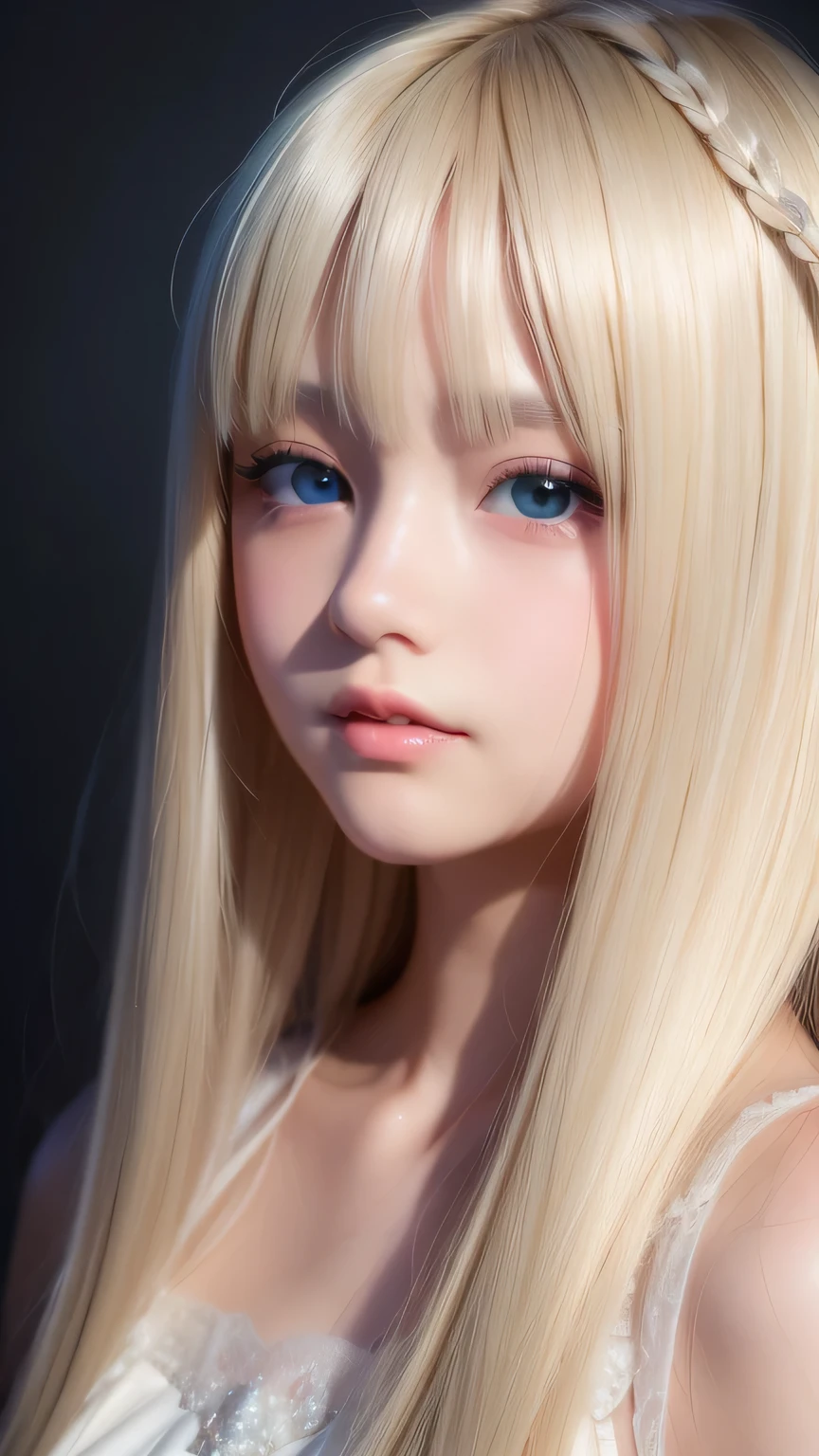 Dressed、(Photorealistic:1.4)、(ハイパーRealistic:1.4)、(Realistic:1.3)、(Smooth lighting:1.05)、(Improved cinematic lighting quality:0.9)、32k、1 Girl、A beautiful woman、Very cute expression、A beautiful 15 year old blonde girl、bangs that fall on the face、Bangs left over the eyeessy bangs between the eyes and nose、Realistic top lighting、Backlight、Face Light、Super long silky platinum hair、Blonde rays、(Bright light:1.2)、(quality improvement:1.4)、(Highest quality realistic textured skin:1.4)、Very beautiful, detailed, shiny, very bright, mint blue, large eyes、Very big eyes、Detailed face、A careful eye for quality、(Tired, sleepy and satisfied: 0.0)、Face close up、T-Shirts、(Enhances the body line:1.1)、(Enhances the beauty of skin texture:1.1)、Cheek gloss highlighter、Small Face Beauty、Round face