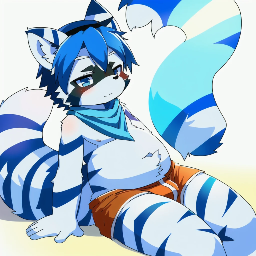 ((small)), ((small body)), (()), ((young boy)), ((Furry)), ((kemono)), ((raccoon)), ((male)), ((has a fur in shades of blue and white)). ((The body is covered primarily in a light blue)), ((big tail rings are a darker blue)). ((A deep, bright blue eyes)), ((Patterns: The chest and belly are pure white, with dark blue stripes that resemble the pattern of a zebra, but more subtle)). ((Ears: White with light blue tips)). ((Tail: The tail has alternating rings of light blue and dark blue)). ((Accessories: wears an orange bandana around his neck)), ((one subject)), ((1 character)), ((anime style)), ((simple white background)), ((dark orange shorts with white stripes)), ((sitting)), ((legs apart)), ((ashamed)), ((Femboy))