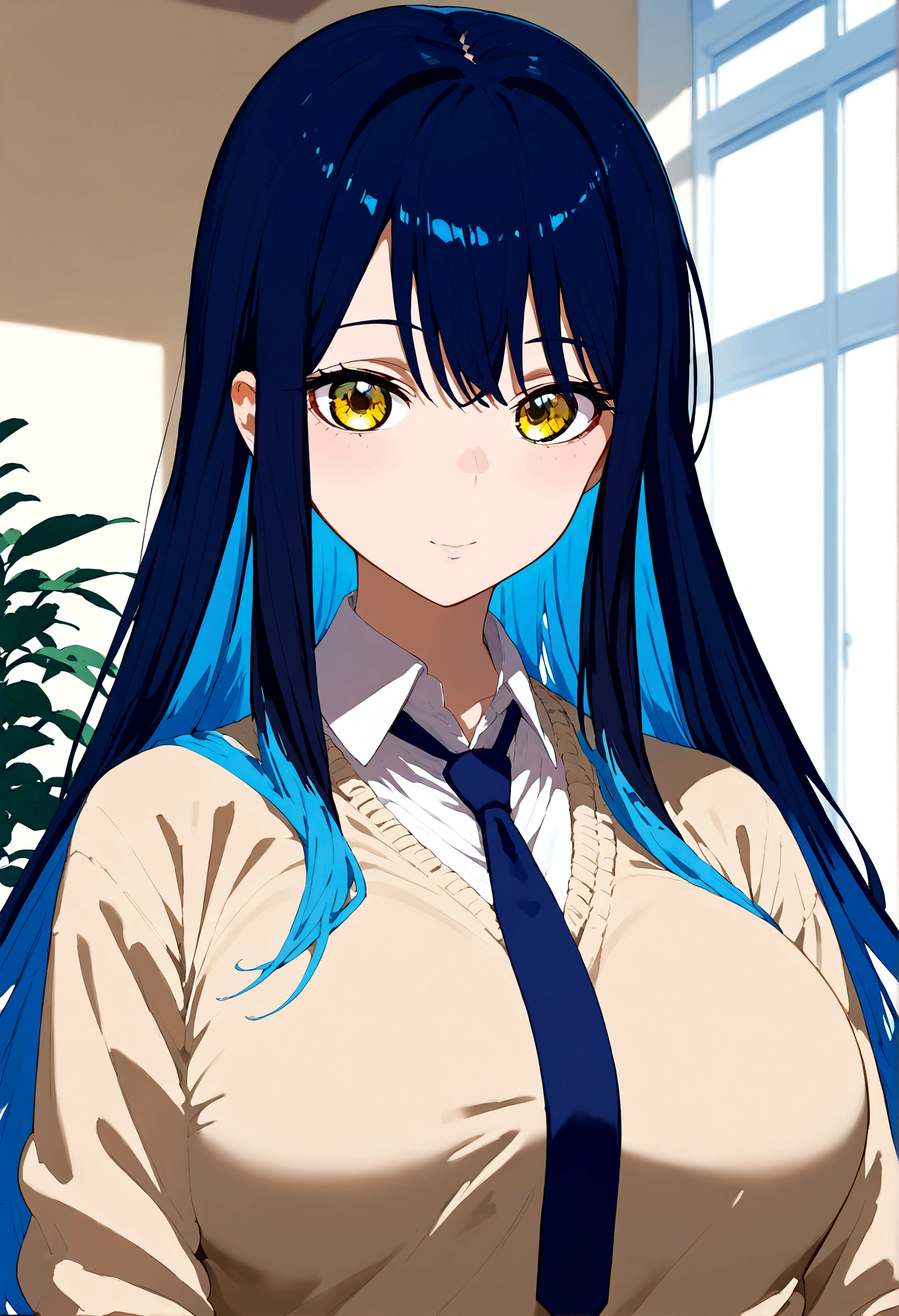 score_9, score_8_up, score_7_up, score_6_up, score_5_up, score_4_up, BREAK source_anime, miko yotsuya, yellow eyes, black hair, blue hair, multicolored hair, long hair, blue pleated skirt, beige sweater, blue necktie, big breasts