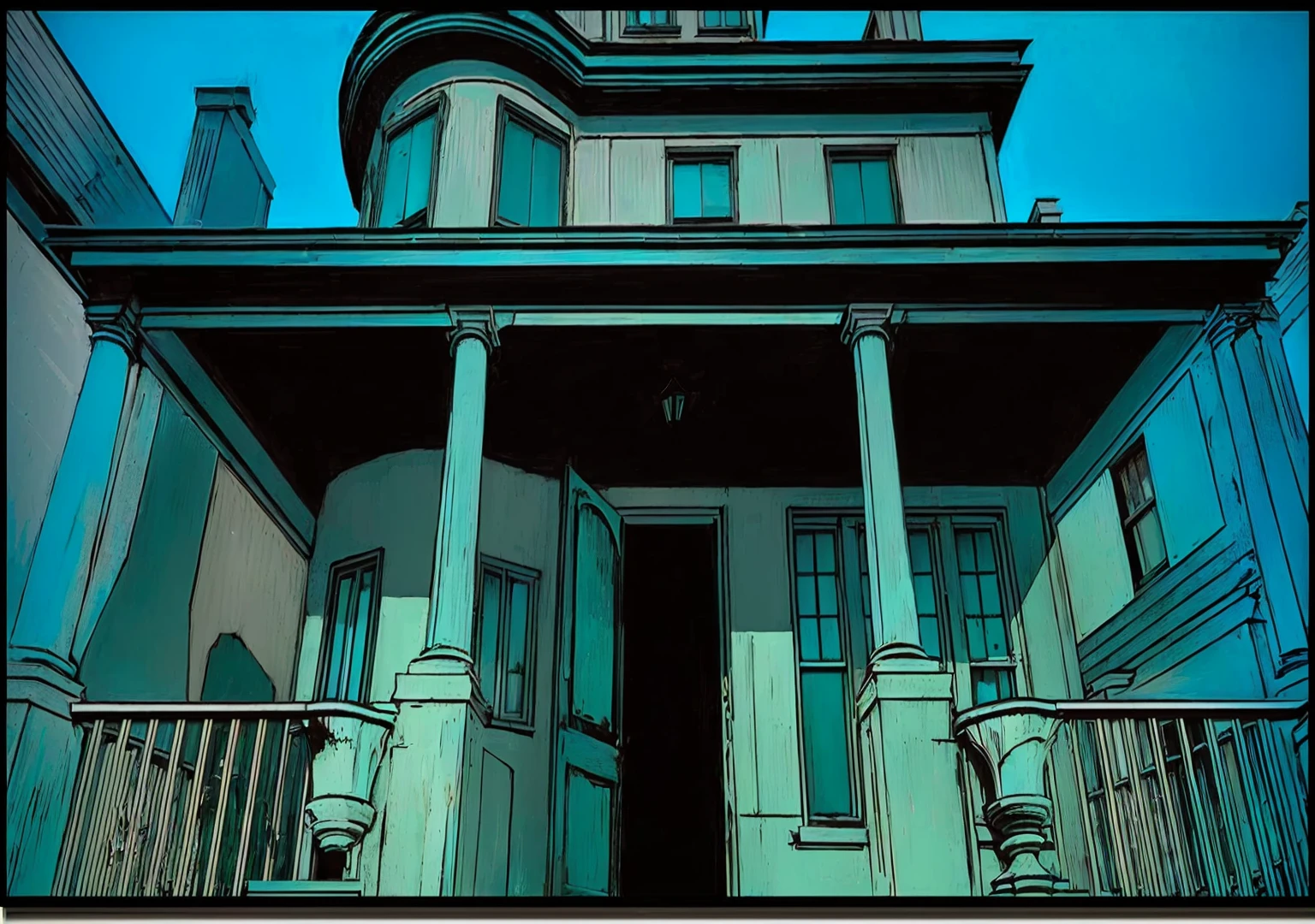 there is a photo of a building with a clock on top, mysterious exterior, intriguing details, aquamarine windows, random background scene, color spread, one panel, one panel de quadrinhos, inspirado em Harvey Dunn, missing panels, house background, location of an old, dark house, incredibily detailed, Cyan blinds on the windows, incredible details