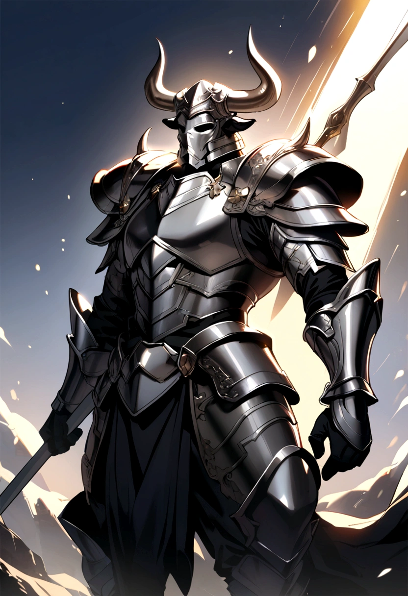 Bull in silver armor with a spear 
