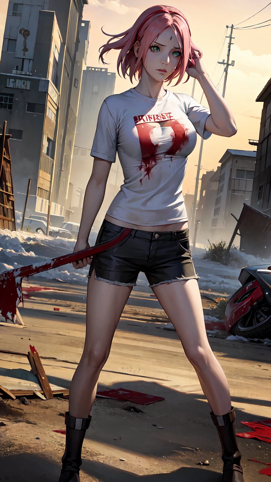 masterpiece, Breathtakingly Realistic, best quality, Sharpness,1 girl,(closeup:1),half body,Sign on the forehead,Zombie game,blood on the face,blood on clothes,Blood on the body,Full body,broken clothes,Damaged clothing,White damaged shirt,zerrissene Cargo-Shorts,Standing in a destroyed city,Battlefield,,sakura haruno,pinkies Hair,green eyes,red hair ribbon,medium large breasts,Zombie game,(blood on shirt:1)