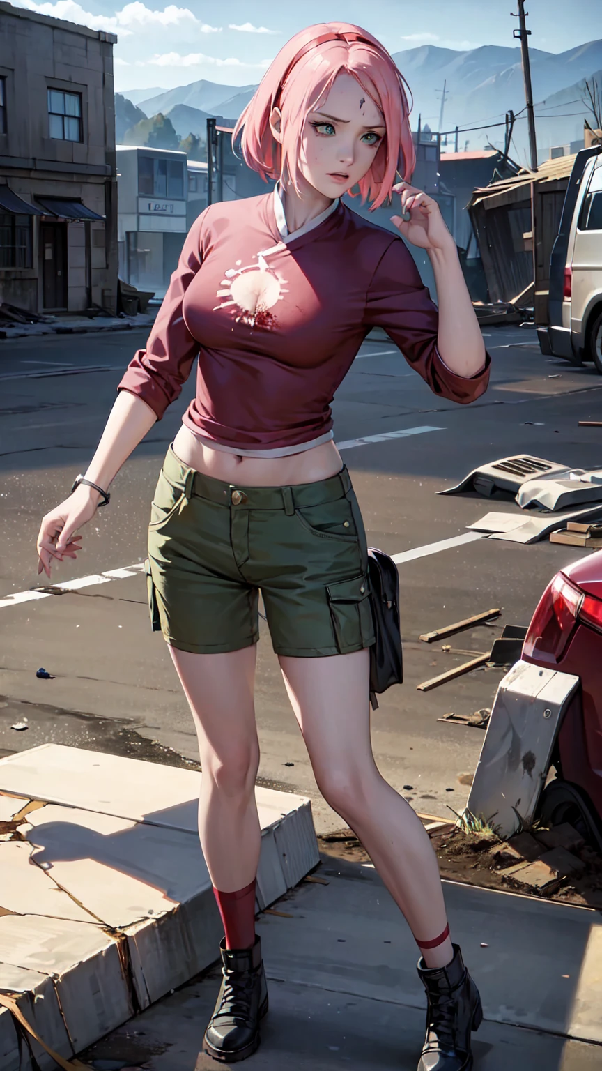 masterpiece, Breathtakingly Realistic, best quality, Sharpness,1 girl,(closeup:1),half body,Sign on the forehead,Zombie game,blood on the face,blood on clothes,Blood on the body,Full body,broken clothes,Damaged clothing,White damaged shirt,zerrissene Cargo-Shorts,Standing in a destroyed city,Battlefield,,sakura haruno,pinkies Hair,green eyes,red hair ribbon,medium large breasts,Zombie game,(blood on shirt:1)