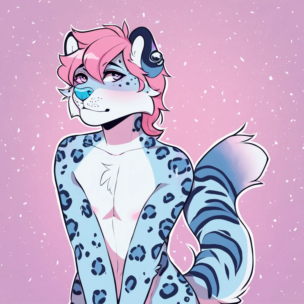 adult, feline, mammal, anthro, anthropomorphic, snow_leopard, striped, fur, striped_feline, fur, furred_anthro, femboy, male, light_pink, fluffy, long_tail, blue_nose, expressive eyes, feline_ears, pink_hair, blue_fur, light_blue_chest, shy, small_pupils, spotted_pattern, stripes, digital_art, high_resolution, high_res, hand-drawn, pencil_lines, head_visible, background, neck_visible, seductive_face, pink_galaxy_background, white_outline, detailed_line_work