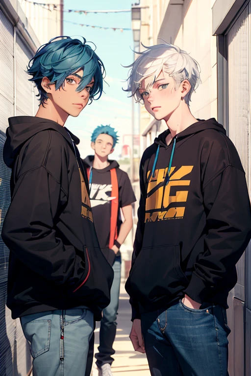 Two age men, They are both white, one with high platinum hair., with baggy clothes, a sweatshirt and jeans, with a hoop, his face shows disgust. The other boy, HE HAS BLUE HAIR, it's lower, annoyed face, jacket and white t-shirt