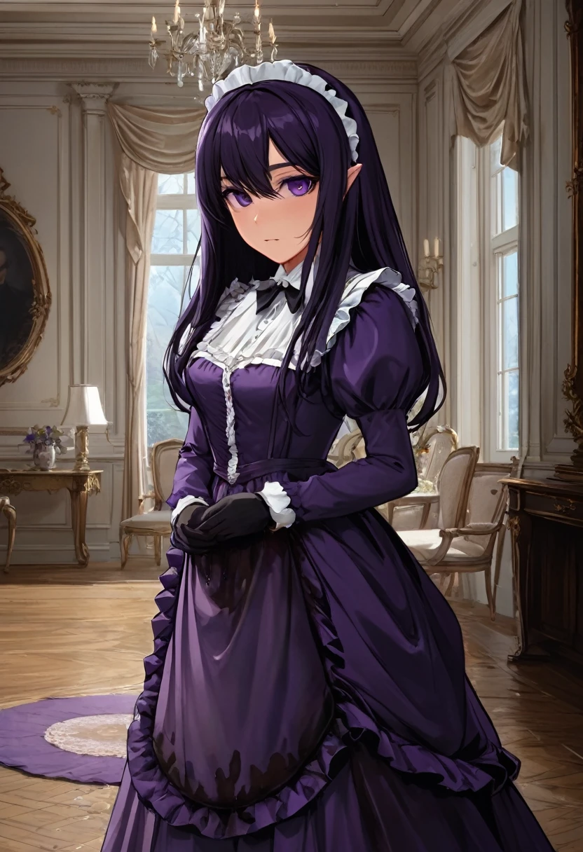 (masterpiece:1.37), best quality, (extremely detailed:1.37), woman, (very long hair:1.5), dark purple hair, purple eyes, (extremely detailed eyes:1.37), maid uniform, (long dress:1.5), desperation, (wetting self:2.0), standing, indoors, fantasy setting, manor, mansion