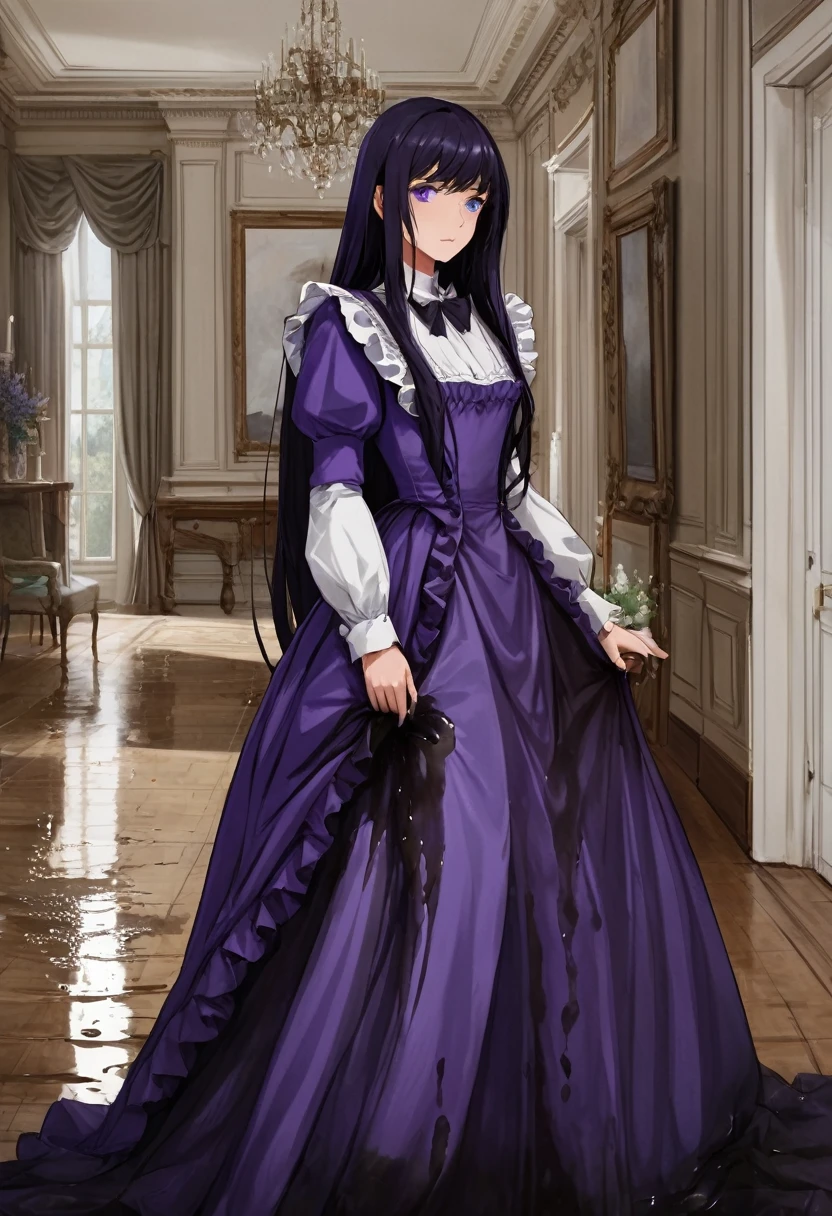 (masterpiece:1.37), best quality, (extremely detailed:1.37), woman, (very long hair:1.5), dark purple hair, purple eyes, (extremely detailed eyes:1.37), maid uniform, (long dress:1.5), desperation, (wetting self:2.0), standing, indoors, fantasy setting, manor, mansion