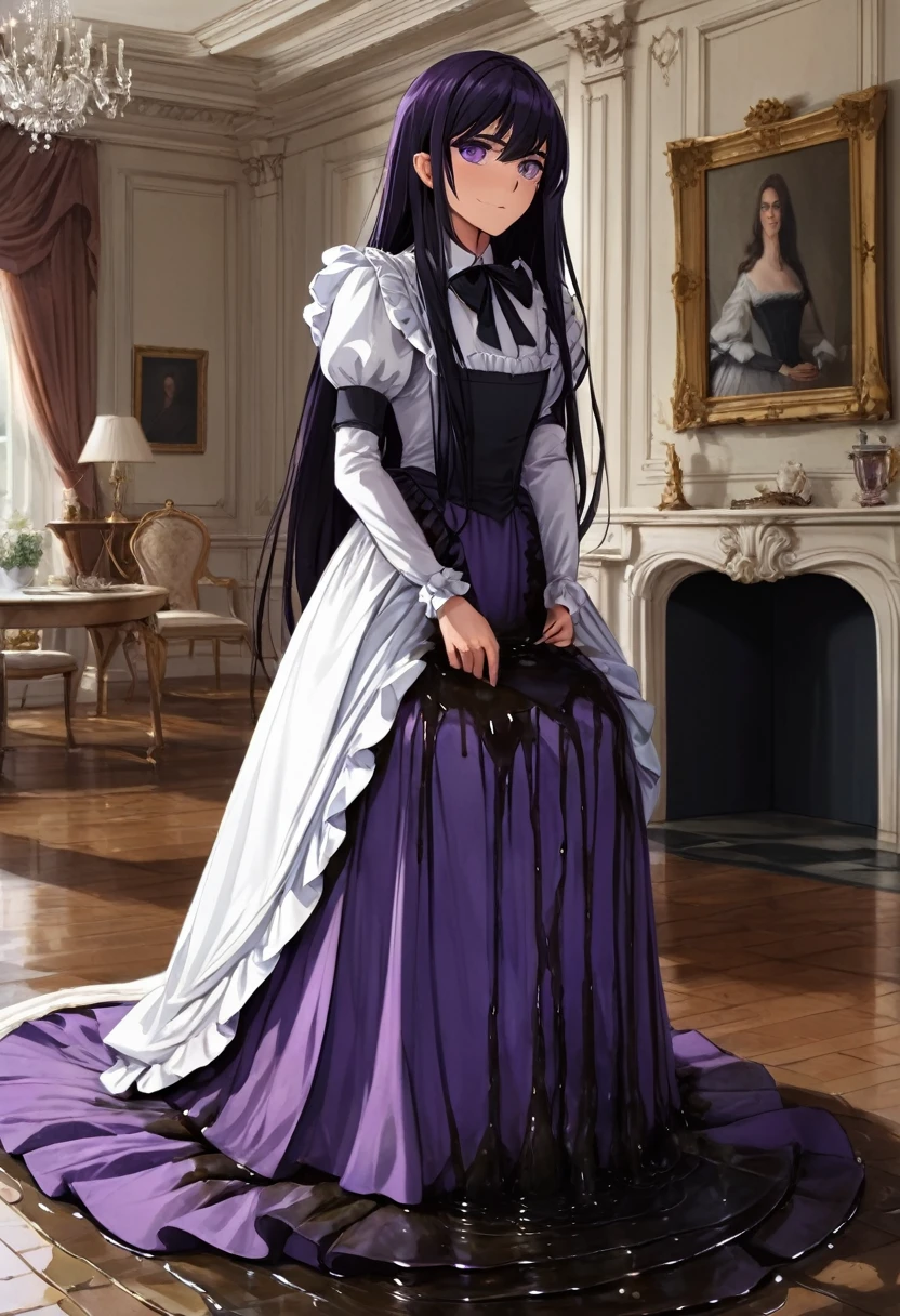 (masterpiece:1.37), best quality, (extremely detailed:1.37), woman, (very long hair:1.5), dark purple hair, purple eyes, (extremely detailed eyes:1.37), maid uniform, (long dress:1.5), desperation, (wetting self:2.0), standing, indoors, fantasy setting, manor, mansion