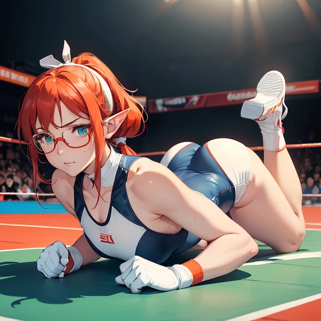 (best high quality image, very detailed clean image, carefully detailed image, carefully detailed character, solo alone character, no deformities in background and character, full character view and design)
{{(1woman 50 years old milf elf citizen), (crimson red hair tied in a ponytail with a pale white beautiful ribbon, fair skin, light blue green eyes, thin lips, medium big breasts, big butt, beautiful legs, short pointed ears with tiny orange gems, serious expression, sweating (defeated, lyingdown on the mat, recovering herself, joy and satisfaction, sweating)), ((dark blue square glasses), (white white one-piece wrestler leotard, white wrestler boots, white gloves, white knee pads, white wristbands, white elbow pads)), (orange-red-silver gym club, wrestling training ring)}}