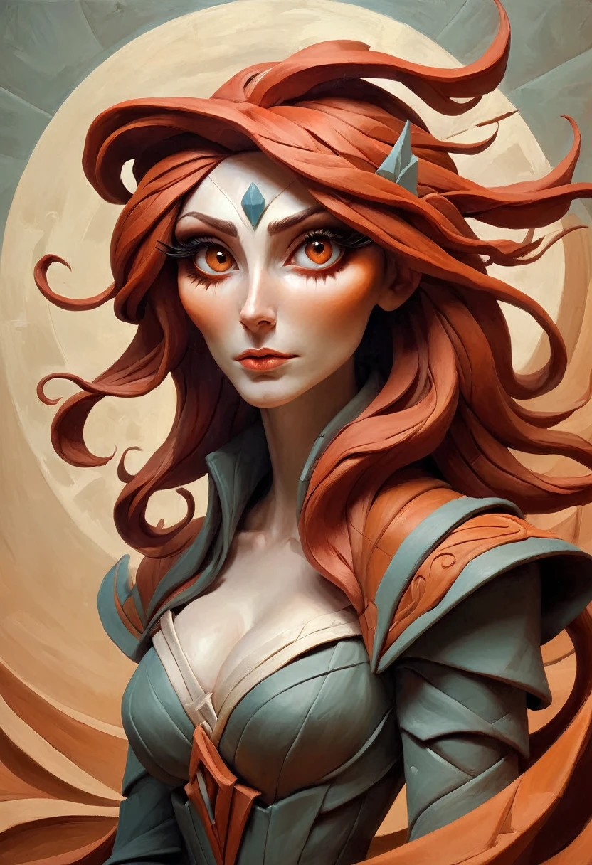 painting of a woman with flowing red hair, peter mohrbacher, kbak, gorgeous brown eyes, surreal, fantasy design, epic clay background, ample cleavage, rich brown eye color, masterpiece, semi-realistic, intricate origami background, high detail, ais-drkclymtn 