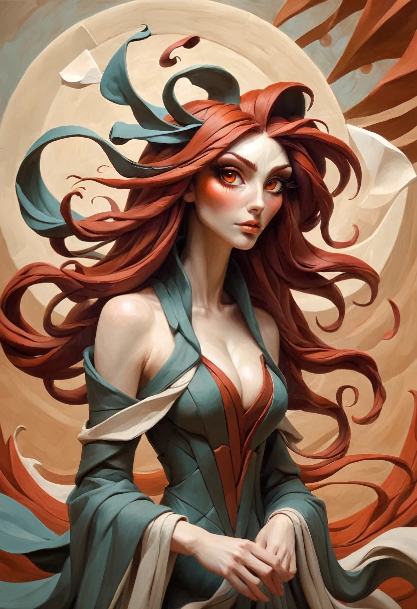 painting of a woman with flowing red hair, peter mohrbacher, kbak, gorgeous brown eyes, surreal, fantasy design, epic clay background, ample cleavage, rich brown eye color, masterpiece, semi-realistic, intricate origami background, high detail, ais-drkclymtn 