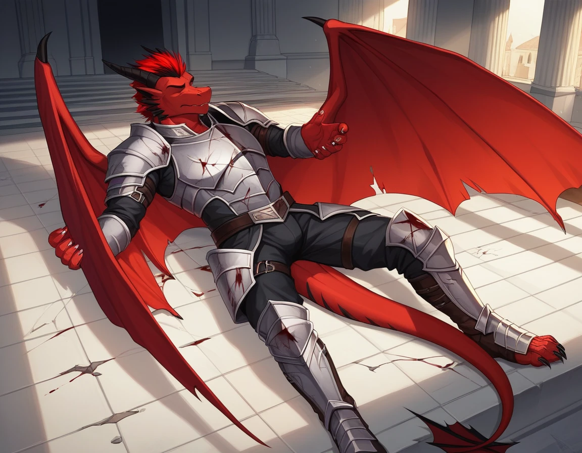 Score_9, score_8_up, score_7_up, source_cartoon, Anthro male, A black dragon, black dragon with red highlights on scales, black and red wings, closed eyes, short red hair, standing, wearing broken knights armor, cracked armor, covered in blood, lying on the ground, in a castle courtroom, he is dead, 