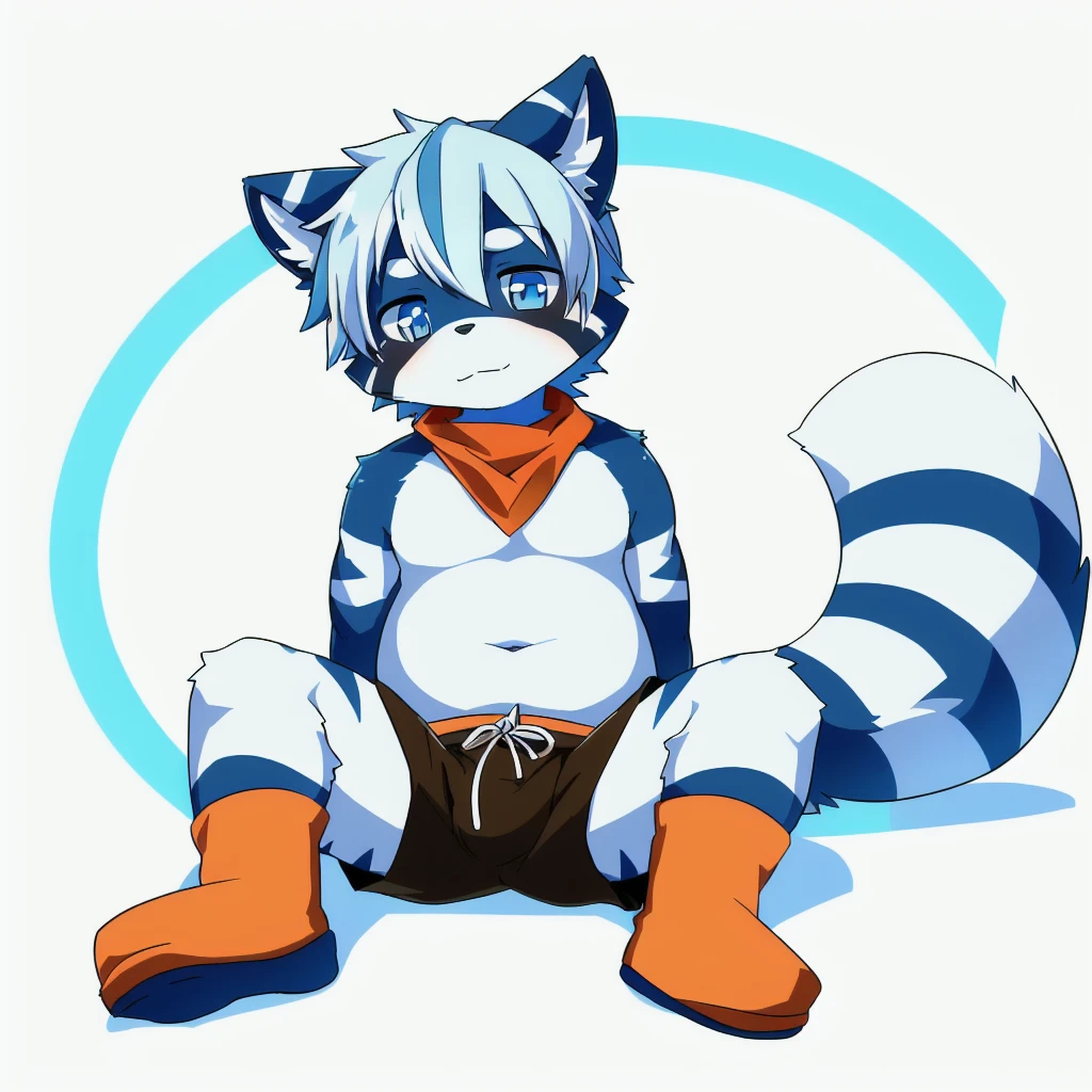 ((small)), ((small body)), (()), ((young boy)), ((Furry)), ((kemono)), ((raccoon)), ((male)), ((has a fur in shades of blue and white)). ((The body is covered primarily in a light blue)), ((tail rings are a darker blue)). ((A deep, bright blue eyes)), ((Patterns: The chest and belly are pure white, with dark blue stripes that resemble the pattern of a zebra, but more subtle)). ((Ears: White with light blue tips)). ((Tail: The tail has alternating rings of light blue and dark blue)). ((Accessories: wears an orange bandana around his neck)), ((one subject)), ((1 character)), ((anime style)), ((simple white background)), ((orange shorts with white stripes)), ((sitting)), ((legs apart)), ((ashamed))